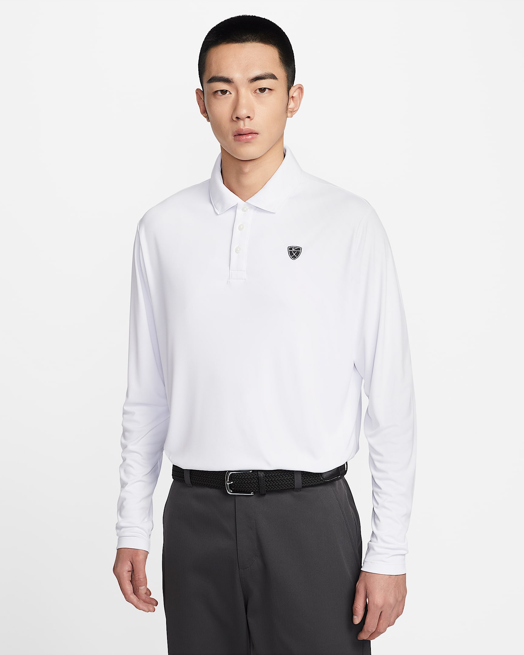 Nike Par Dri-FIT 男子防晒速干长袖高尔夫翻领T恤 - 白色/黑/黑