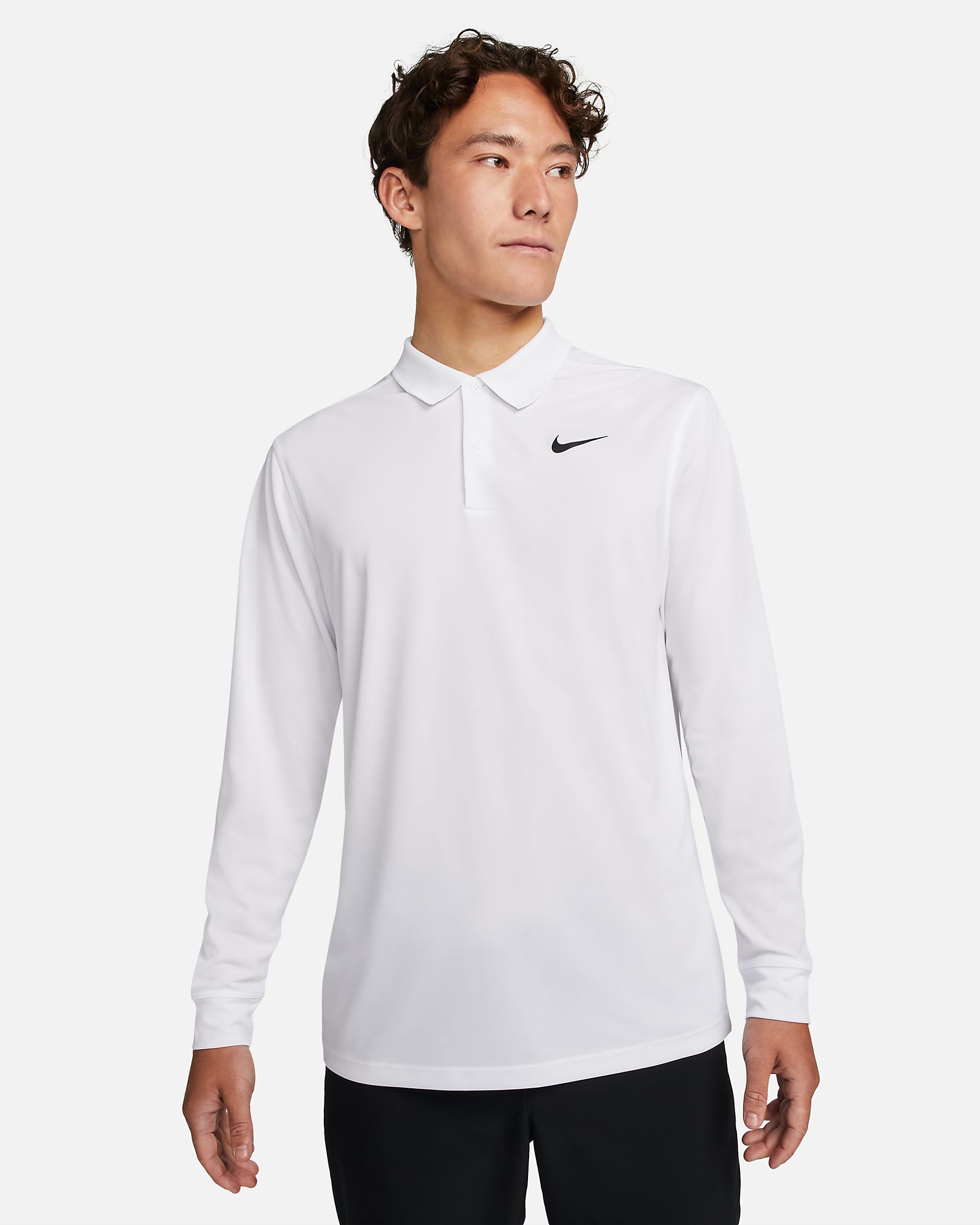 Nike Dri-FIT Victory 男子速干长袖高尔夫翻领T恤 - 白色/黑