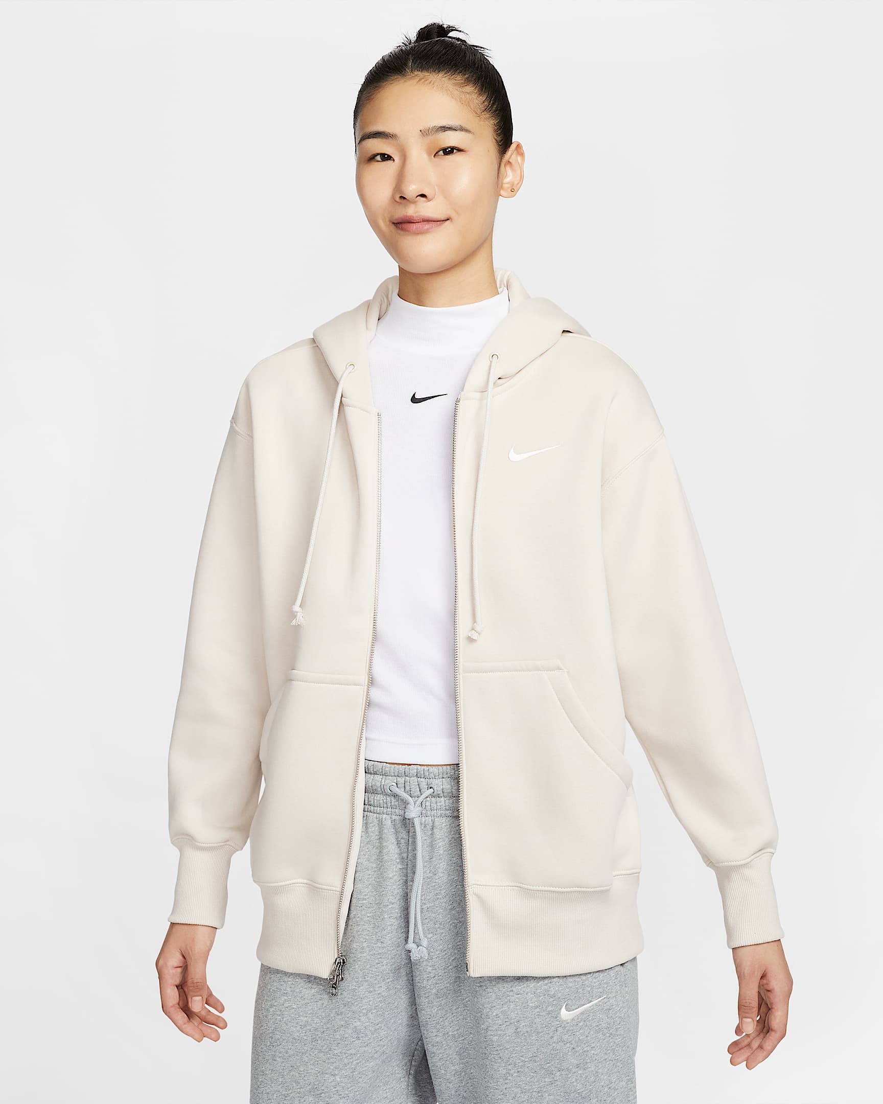 Nike Sportswear Phoenix Fleece 女子 Oversize 风全长拉链开襟加绒连帽衫 - 浅土褐/帆白