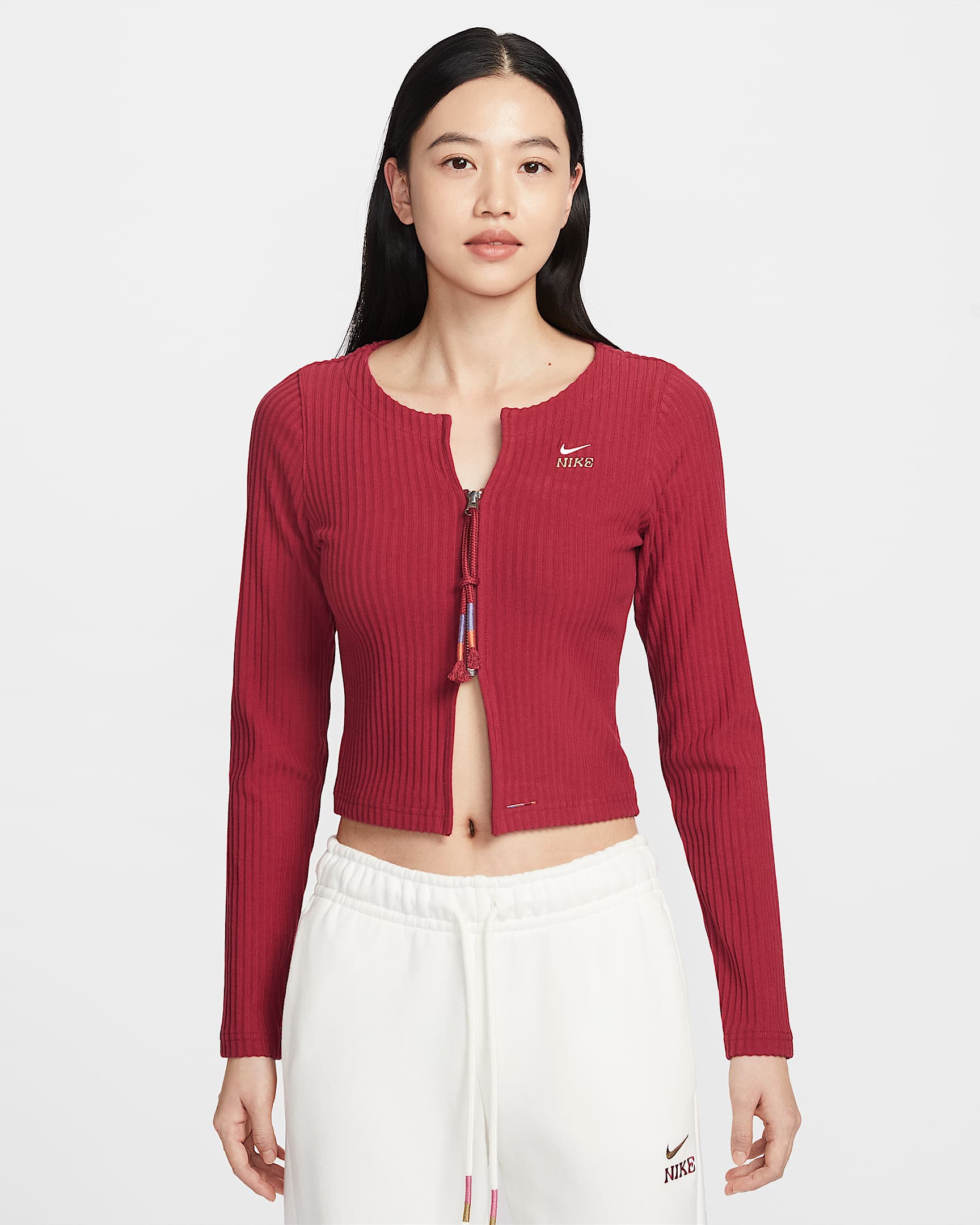 Nike Sportswear Chill Rib 马年限定脱缰系列新年款女子修身薄绒拉链开襟开衫 - 深队红