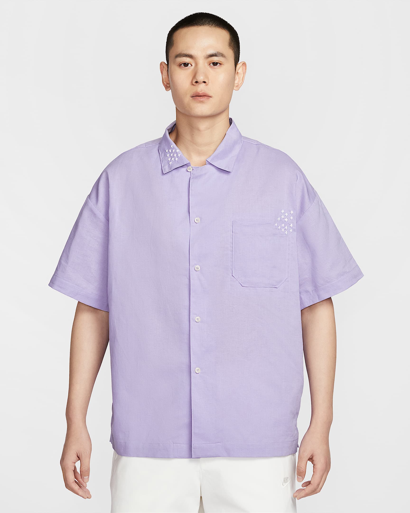 Nike Life 男子短袖纽扣上衣 - 绣球花紫/幻影灰白/绣球花紫