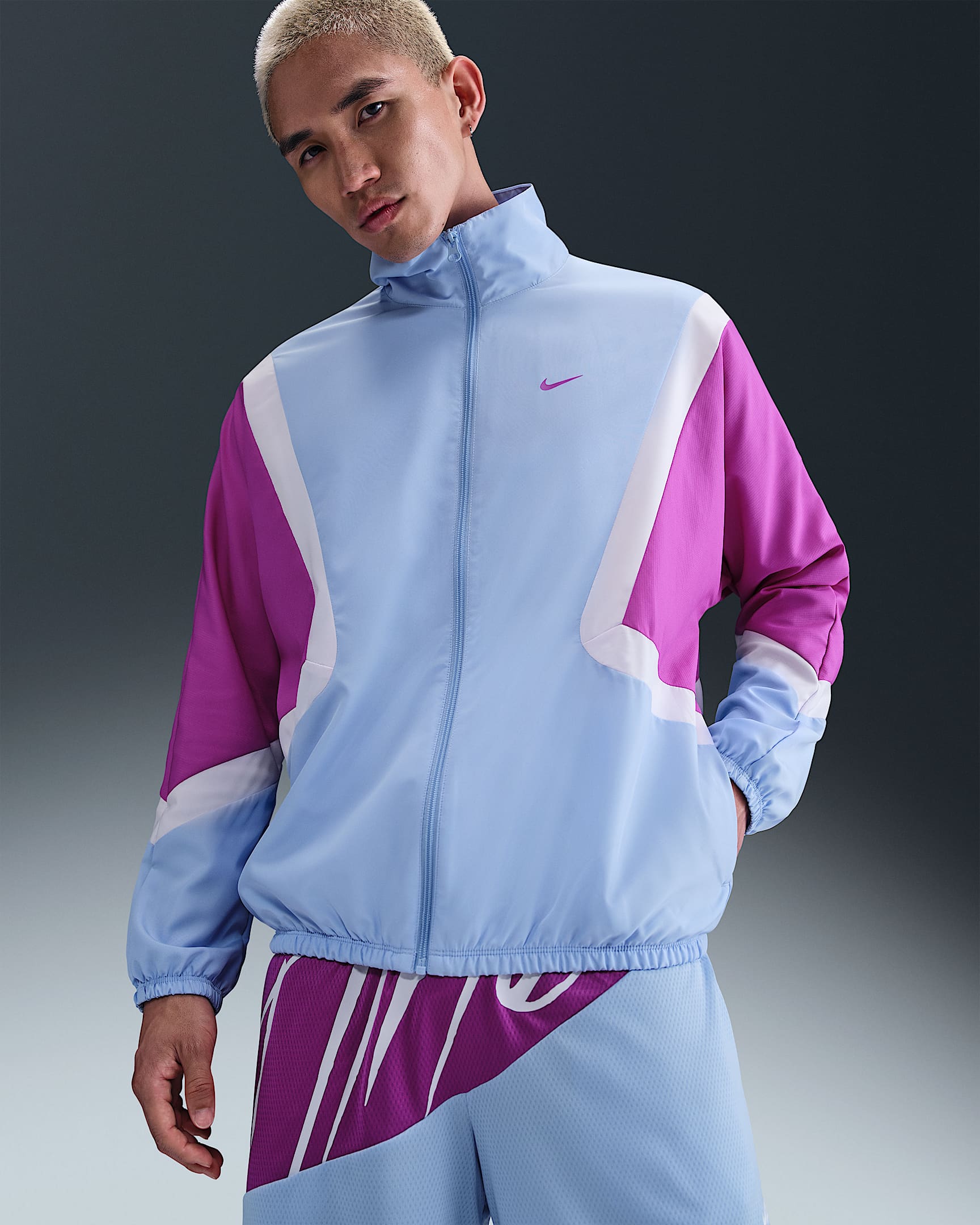 Nike Icon 男子梭织篮球夹克 - 铝蓝/明亮紫/微葡萄紫/明亮紫