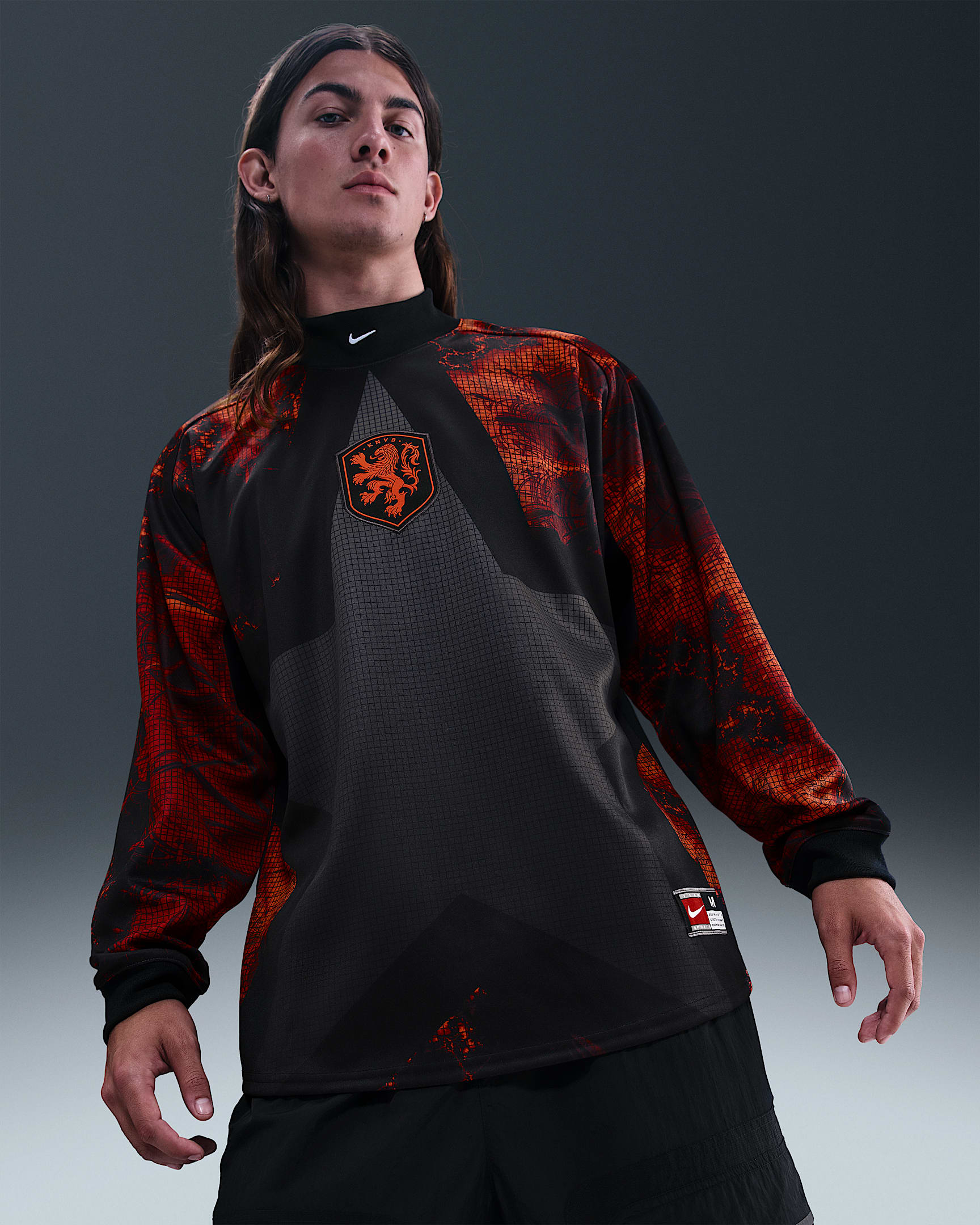 荷兰队守门员 Nike 男子长袖足球T恤 - 黑/橙红/白色