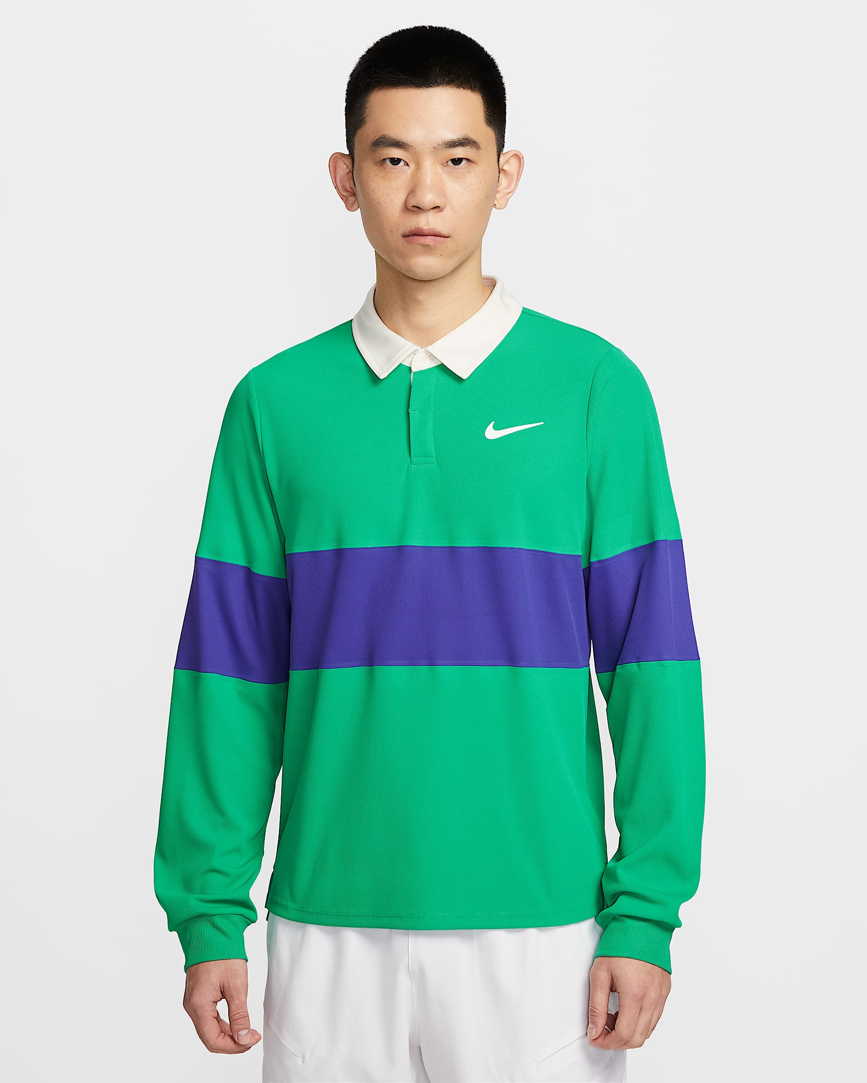 NikeCourt Slam Dri-FIT ADV 男子速干网球长袖翻领T恤 - 体育场绿/深夜蓝/白色