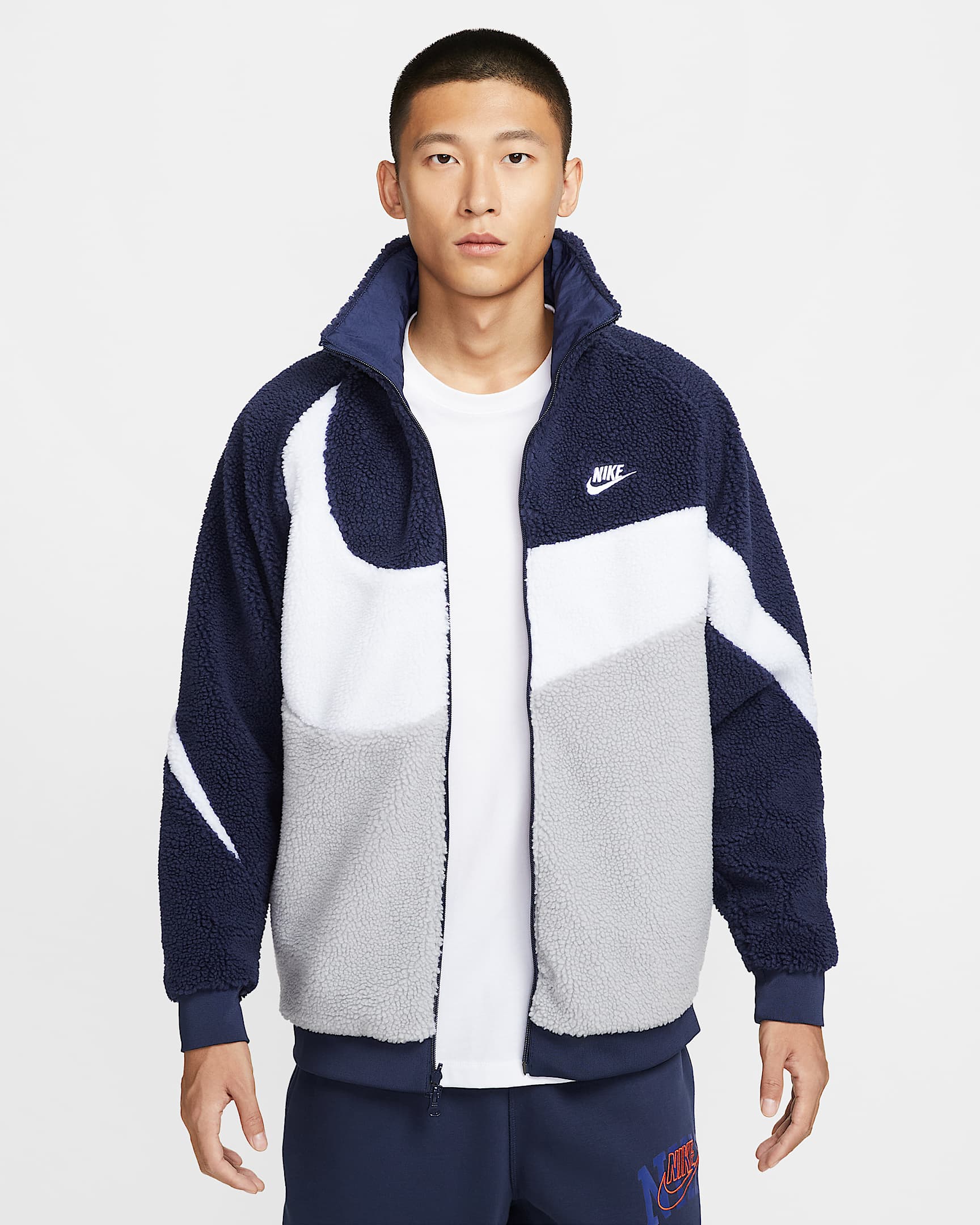 Nike Sportswear Swoosh 男子仿羊羔绒全长拉链开襟双面穿夹克 - 深藏青/白色/团队蓝灰/白色