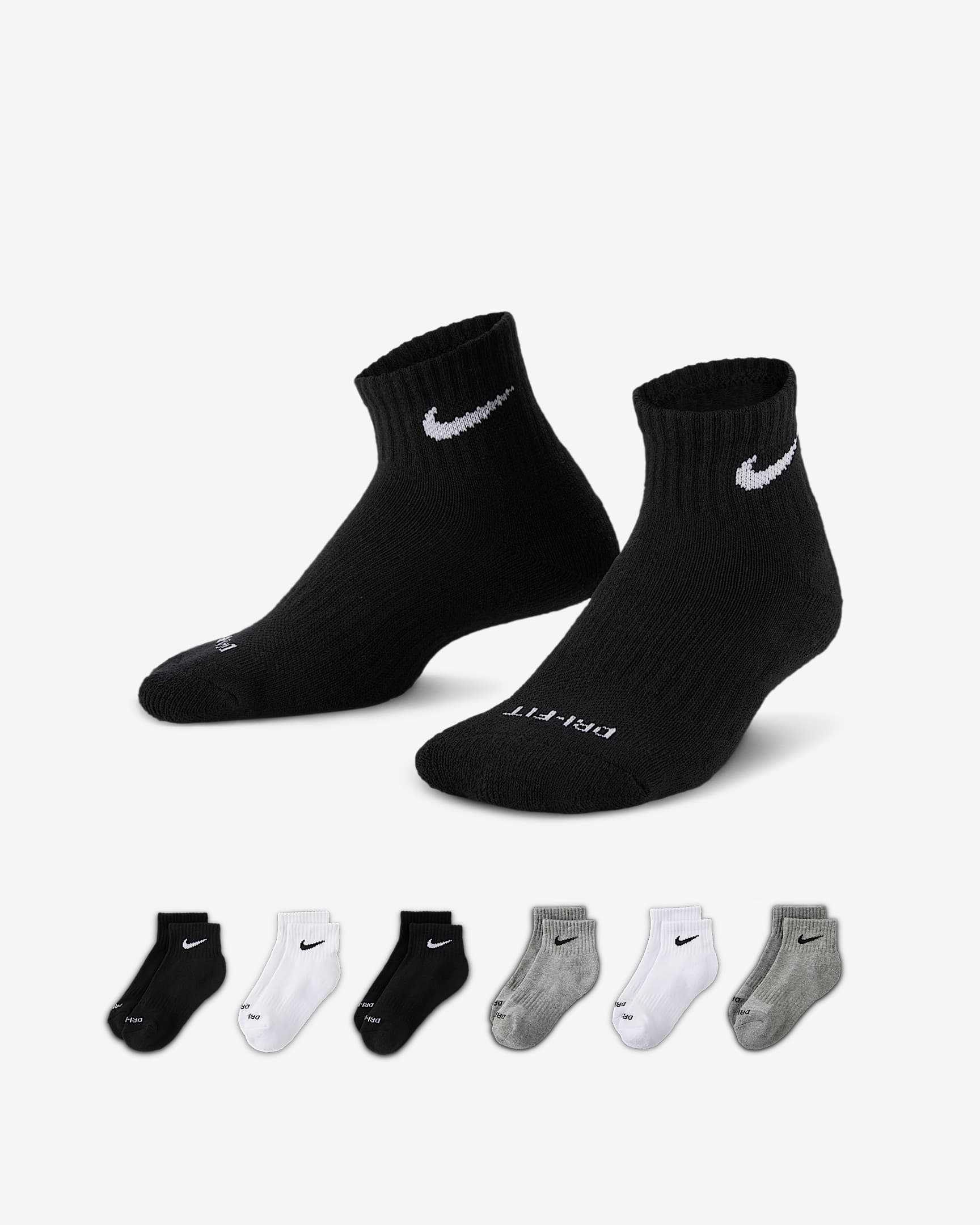 Nike Dri-FIT Performance Basics 幼童速干运动短袜(6 双) - 调色暗灰/黑
