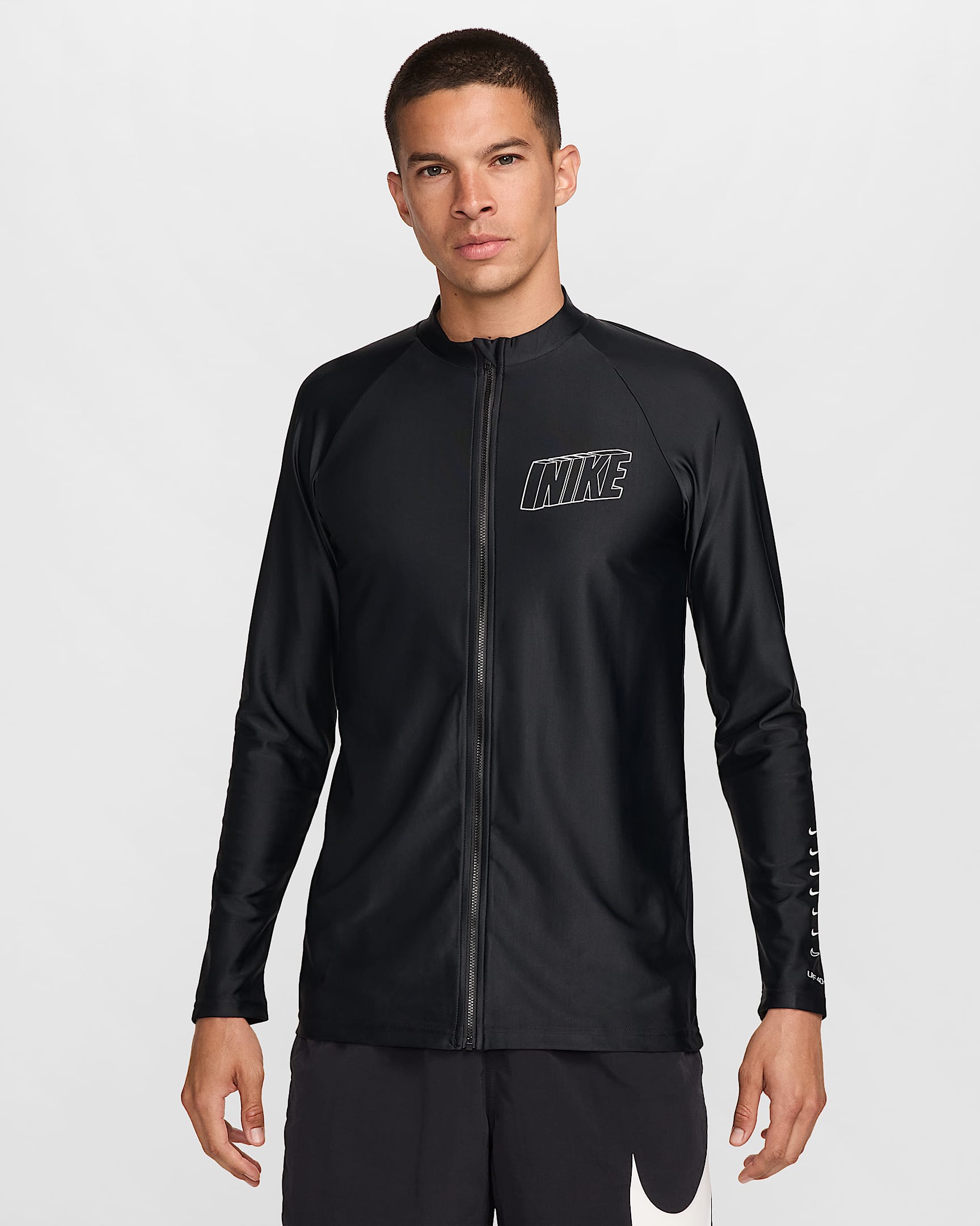 Nike Swim 3-D 男子全长拉链开襟防晒长袖上衣 - 黑/白色