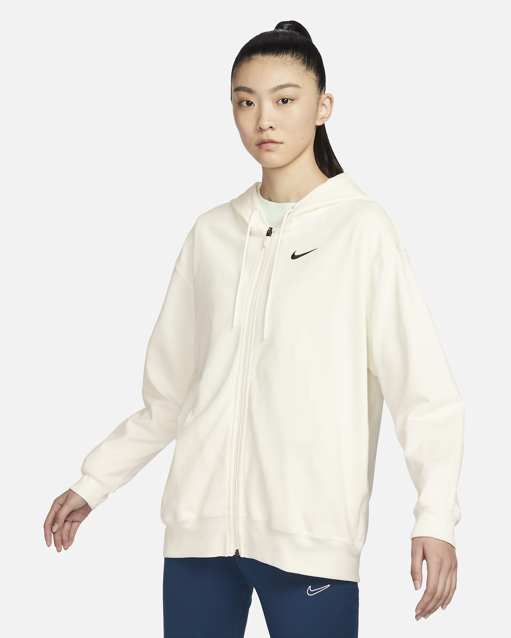 Nike Sportswear 女子针织 Oversize 风全长拉链开襟连帽衫 - 帆白/黑