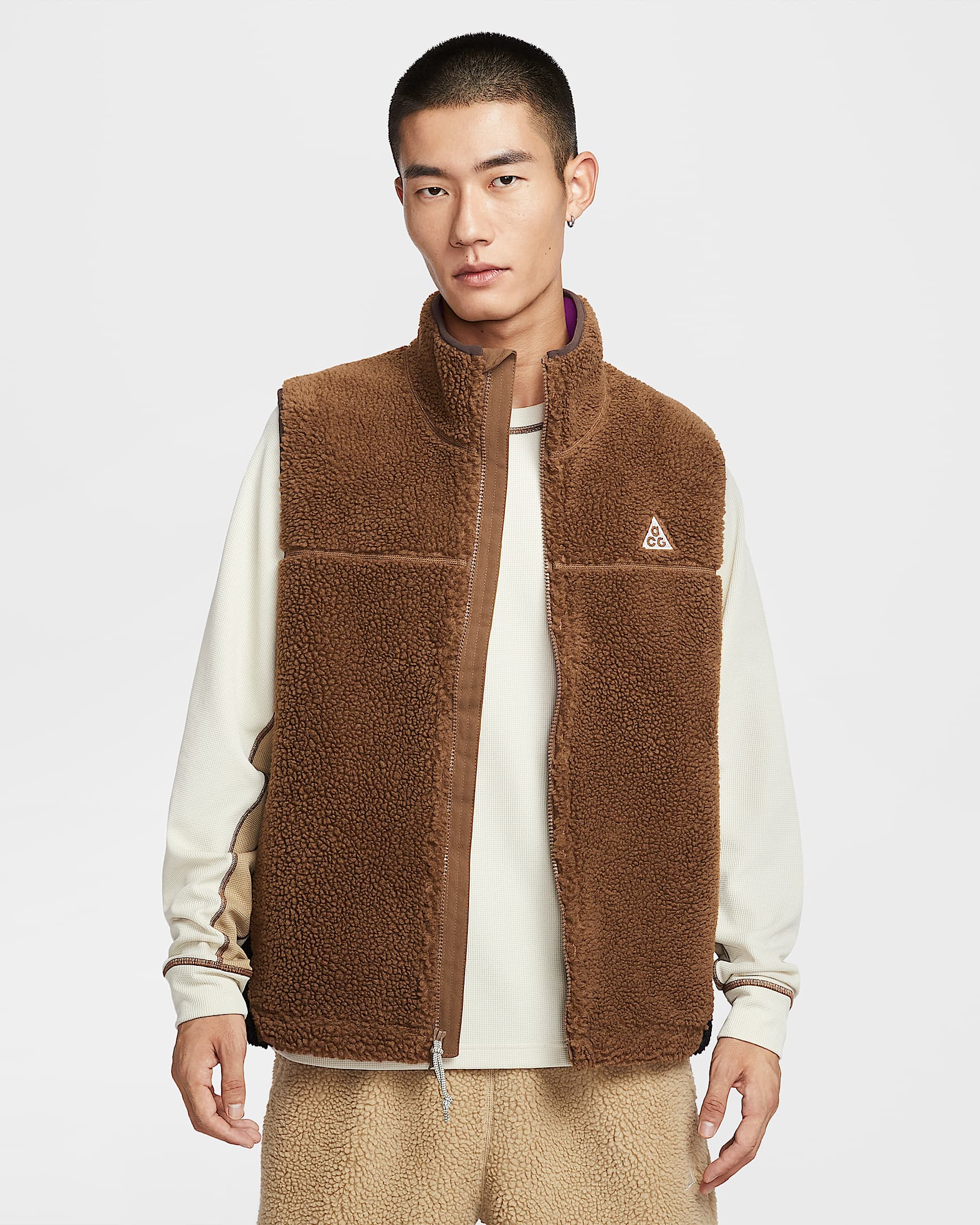 Nike ACG "Canwell Glacier" Therma-FIT ADV 男子仿羊羔绒马甲 - 苔木棕色/黑/明亮紫/山峰白