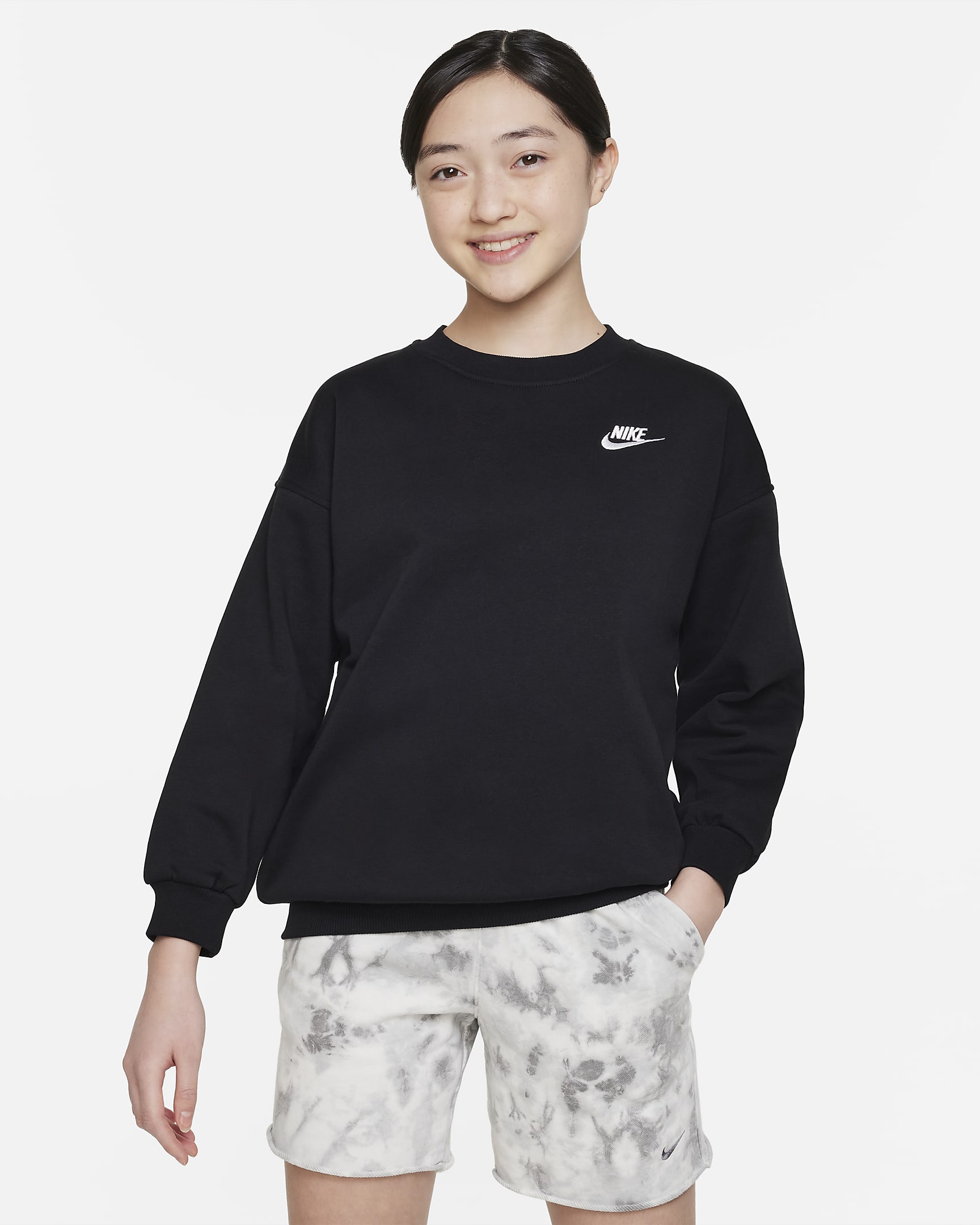 Nike Sportswear Club Fleece 大童 Oversize 风加绒运动衫 - 黑/白色