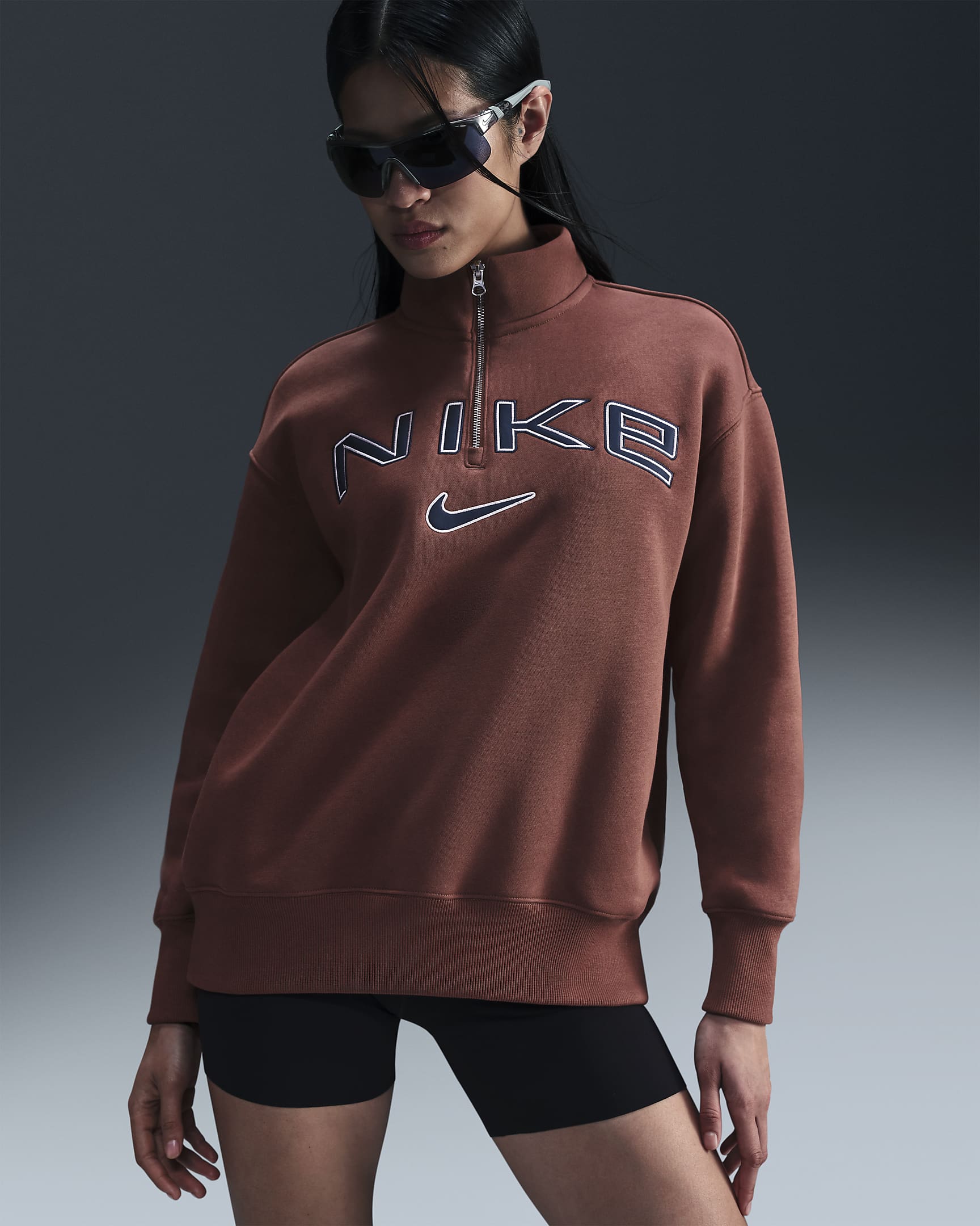 Nike Sportswear Phoenix Fleece 女子 Oversize 风 1/4 拉链开襟标志加绒上衣 - 红棕色/灰紫/军械深海蓝