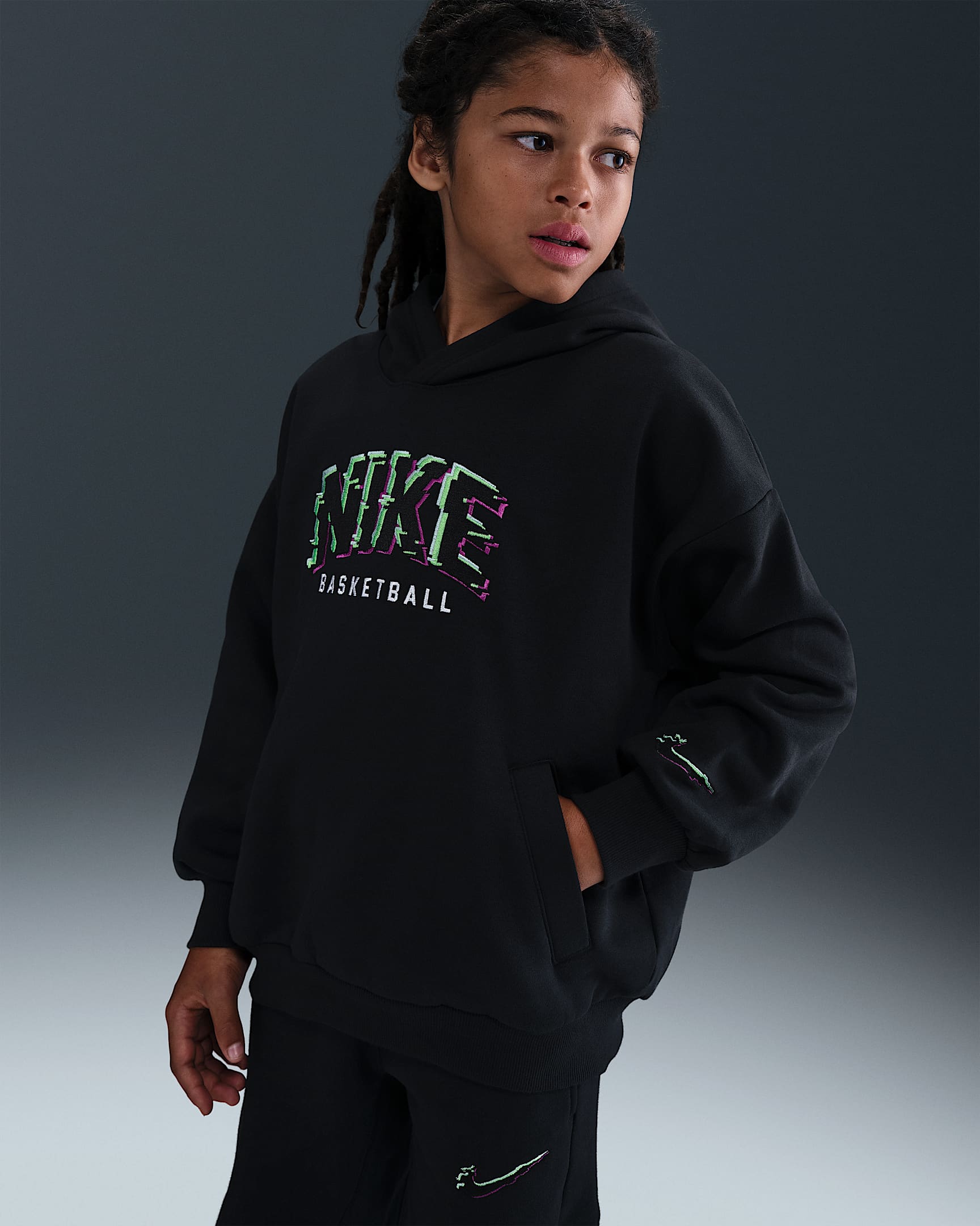 Nike Culture of Basketball 大童加绒套头连帽衫 - 黑/冲击绿/黑