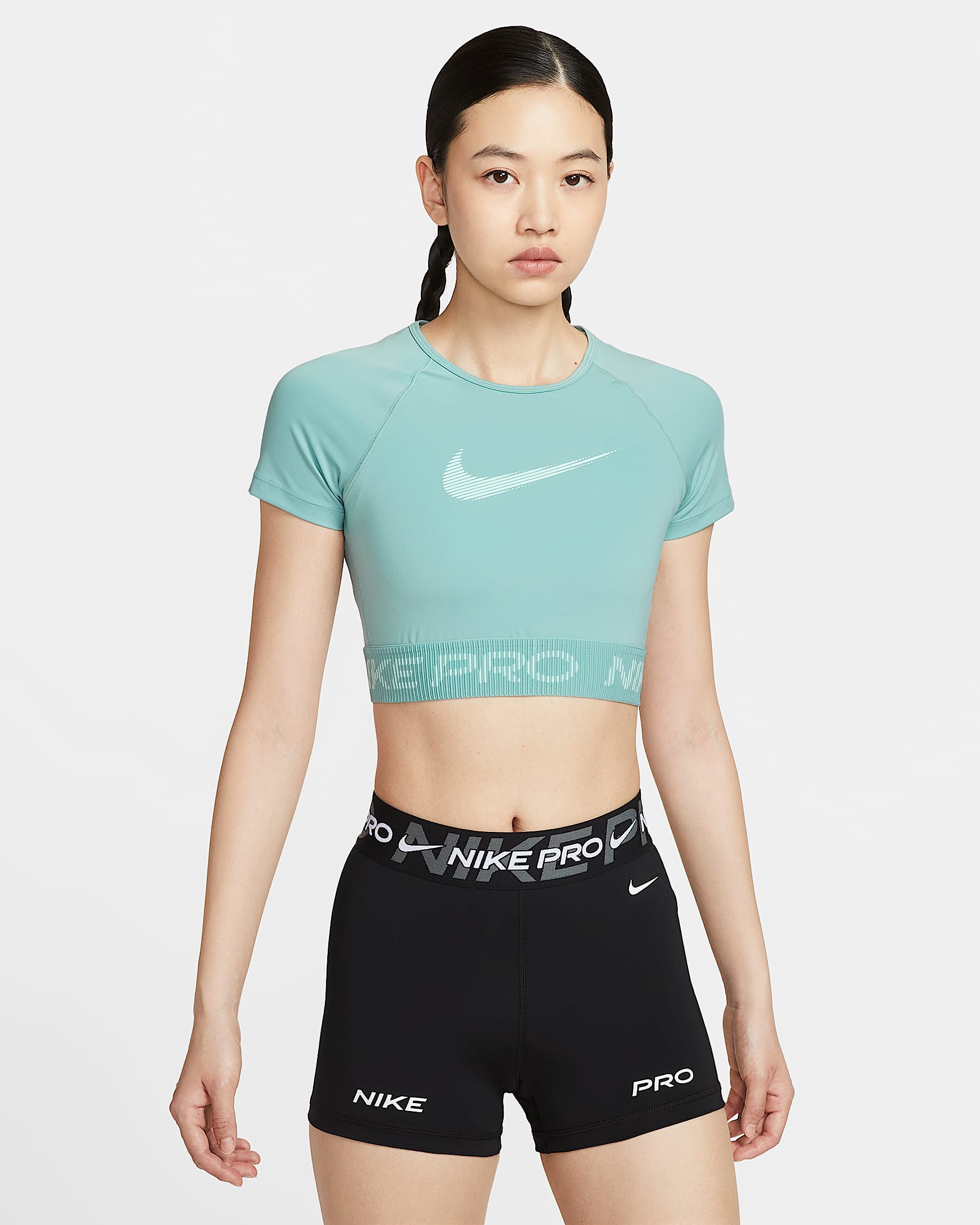 Nike Pro Dri-FIT 女子速干短袖短款图案训练上衣 - 大炮灰/泡沫薄荷绿/白色