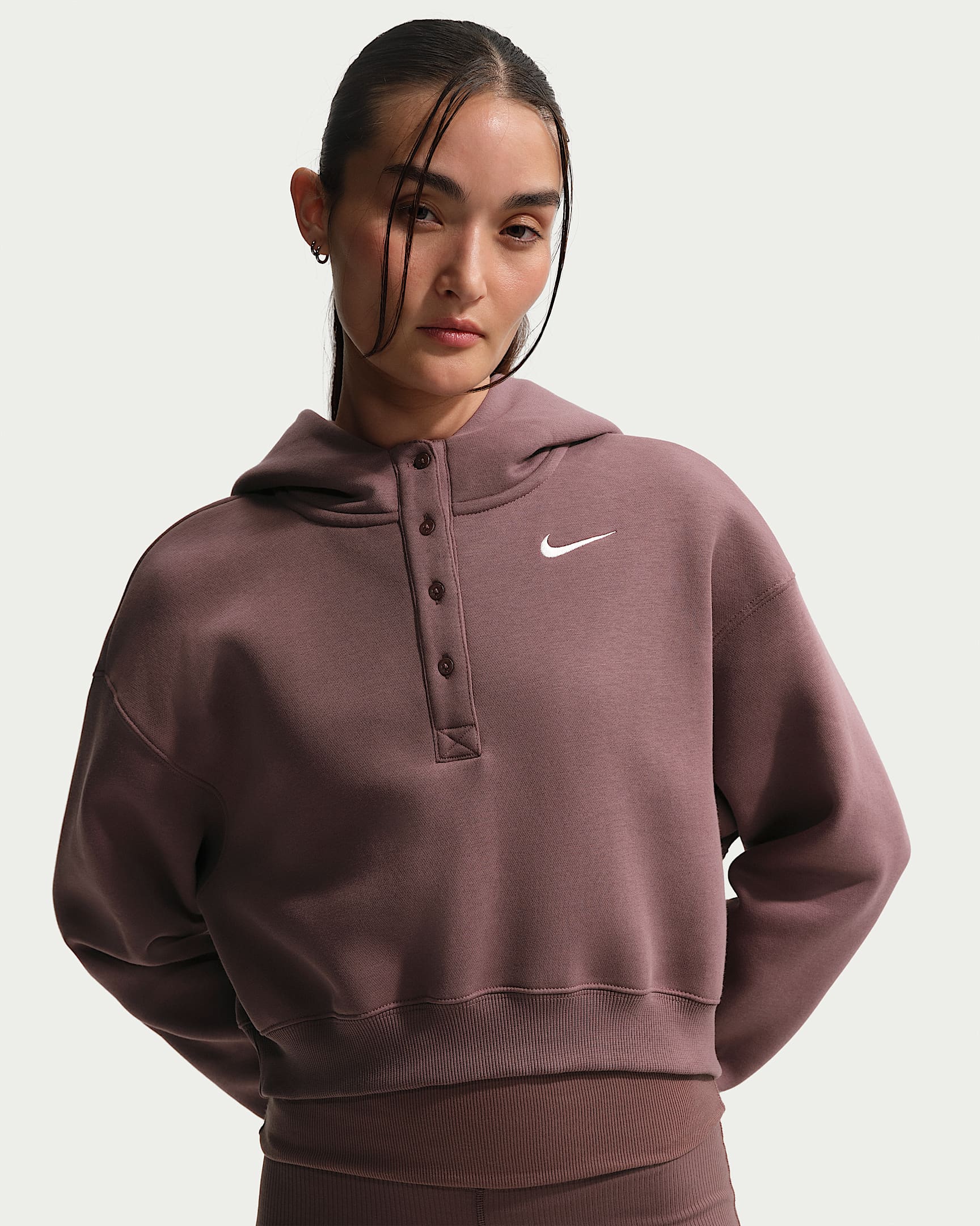 Nike Phoenix Fleece 女子 Oversize 风加绒短款连帽衫 - 图腾黑紫/帆白