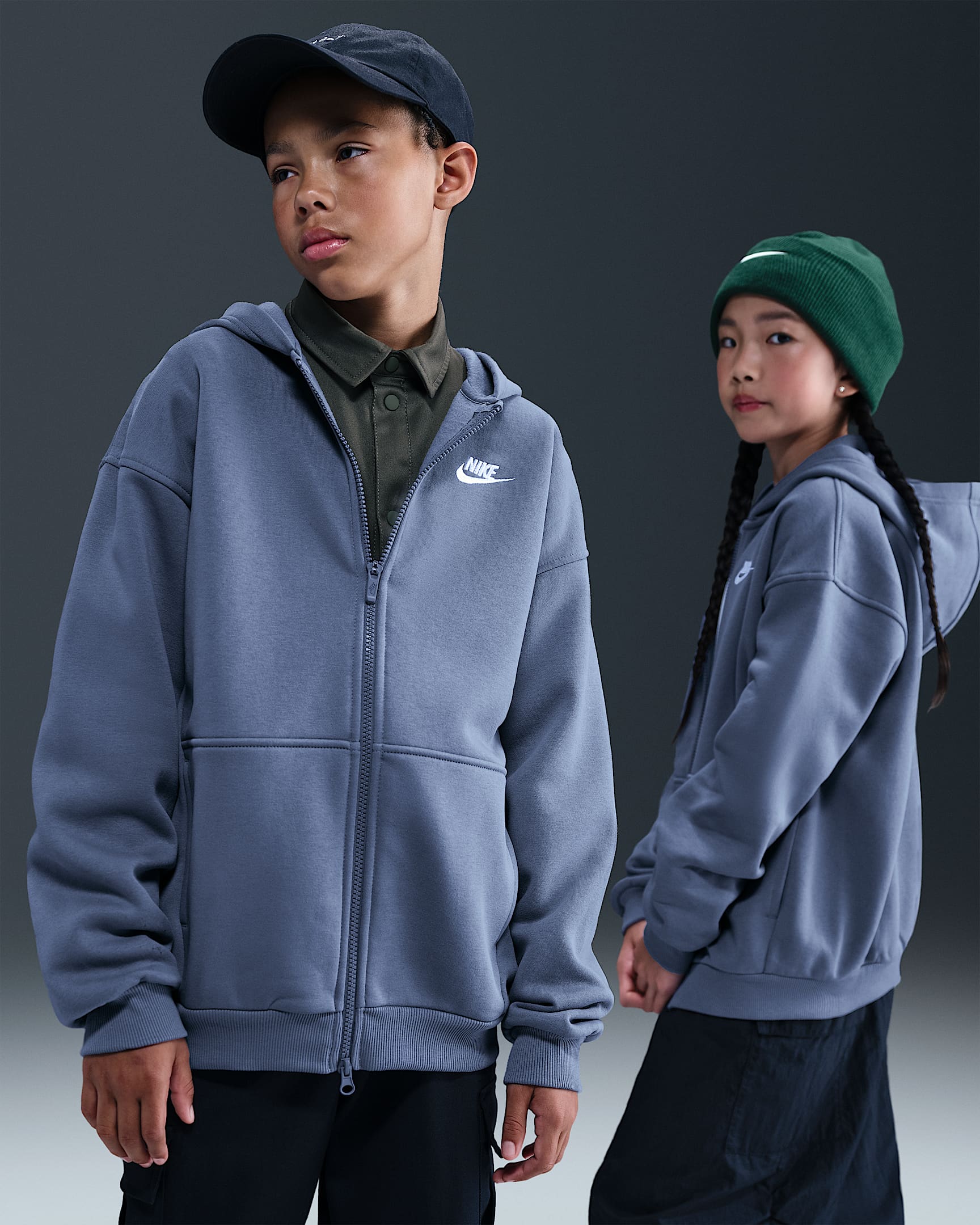 Nike Sportswear Club Fleece 大童 Oversize 风全长拉链开襟加绒连帽衫 - 世界靛青/白色