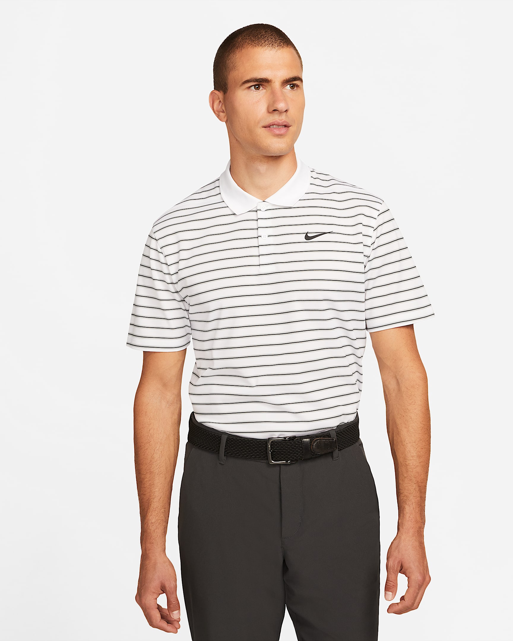 Nike Dri-FIT Victory 男子条纹速干高尔夫翻领T恤 - 白色/黑