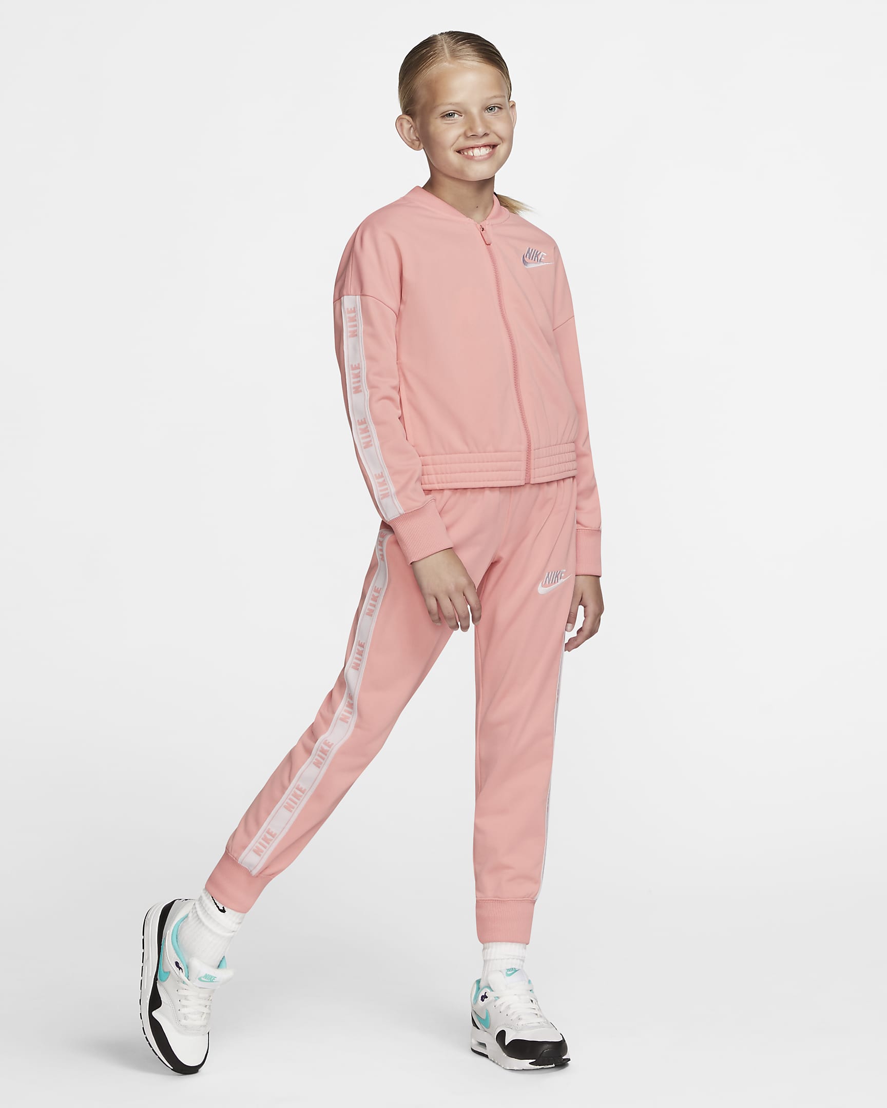Nike Sportswear 大童(女孩)运动套装 - 漂白珊瑚红/白色/漂白珊瑚红/白色