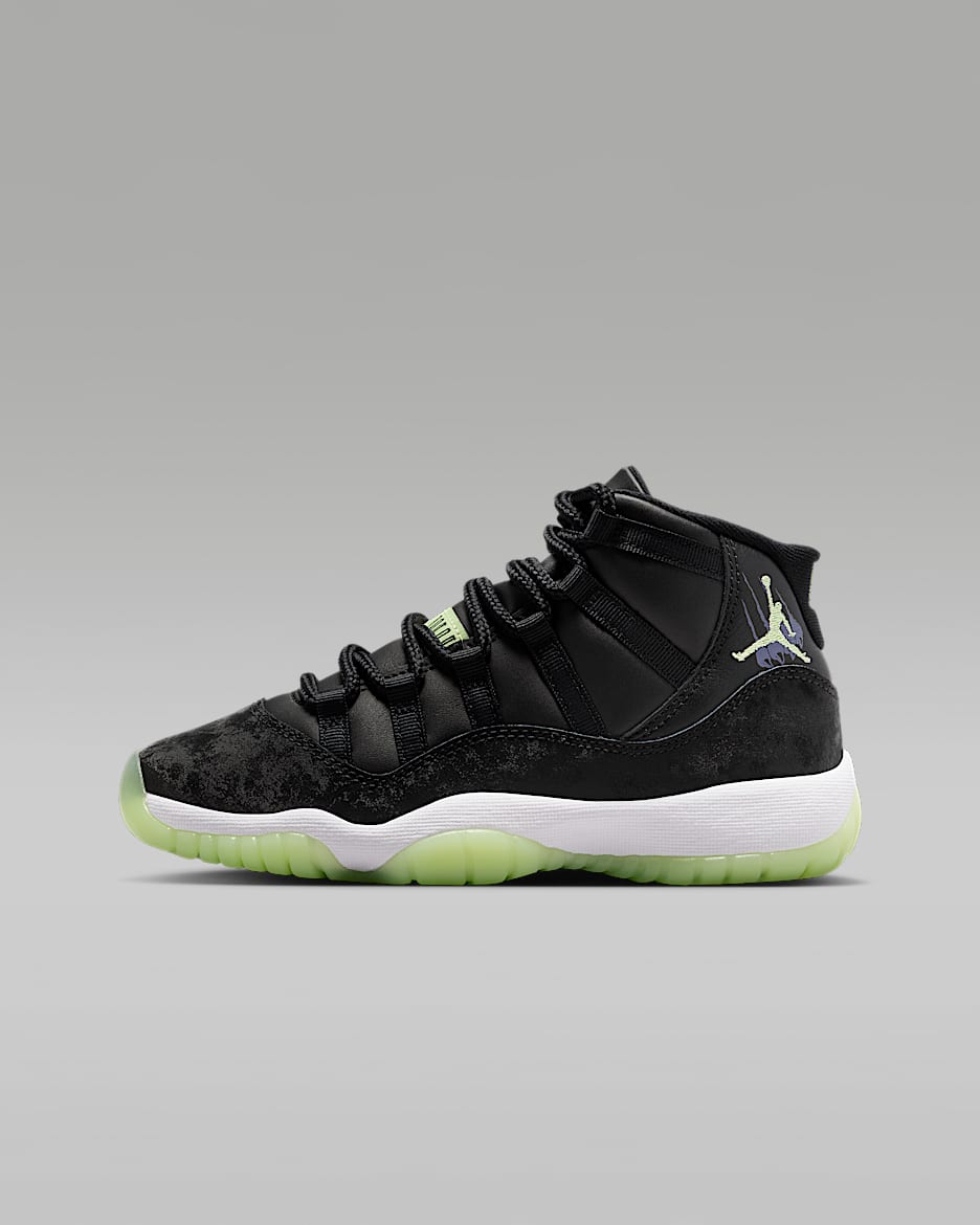 Air Jordan 11 Retro 复刻大童运动鞋 - 黑/乌紫/白色/微黄绿