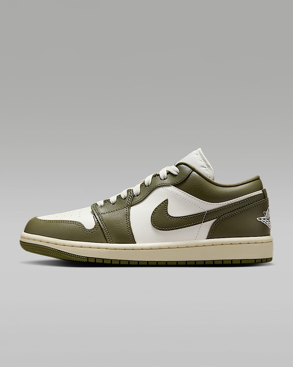 Air Jordan 1 Low 女子运动鞋刺绣板鞋 - 帆白/椰奶色/中橄榄绿