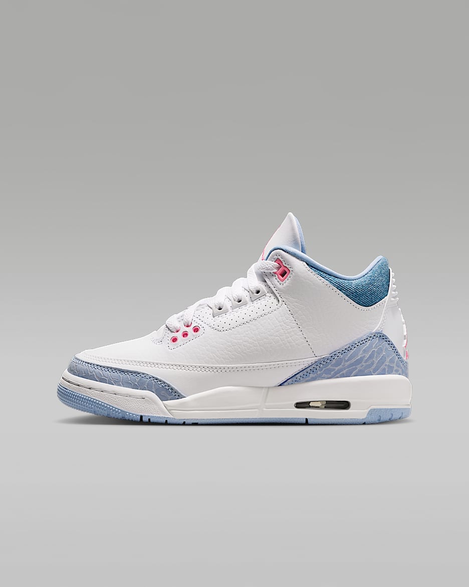 Air Jordan 3 Retro 复刻大童运动鞋 - 白色/狂喜钴蓝/足球灰/霞光粉