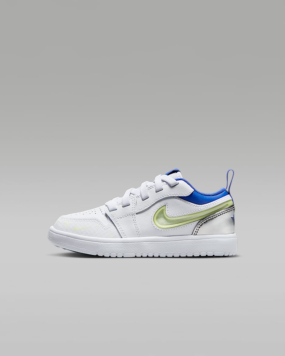Jordan 1 Low Alt Sneaker School 幼童运动鞋 - 白色/金属银/浅荧光黄/皇家蓝