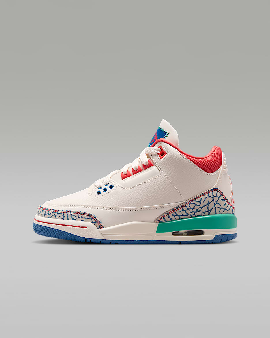 Air Jordan 3 Retro 复刻大童运动鞋 - 粉白/纯蓝/运动绿/小径红
