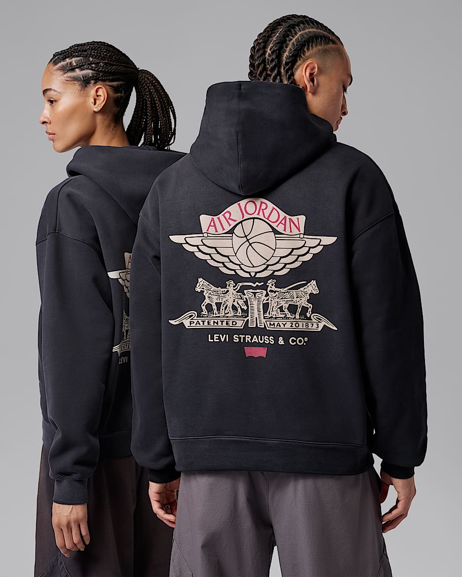 Jordan x Levi's® 男子全长拉链开襟加绒连帽衫 - 黑/淡象牙白/健身红