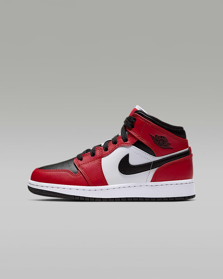 Air Jordan 1 Mid (GS) 大童运动童鞋 - 黑/健身红/黑