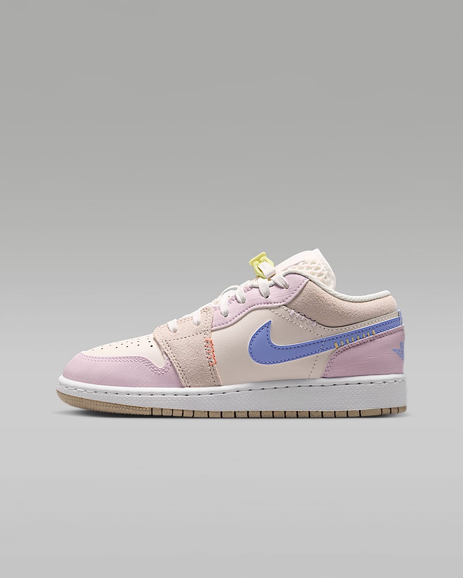 Air Jordan 1 Low 大童运动鞋 - 帆白/白色/黄绿/铝蓝