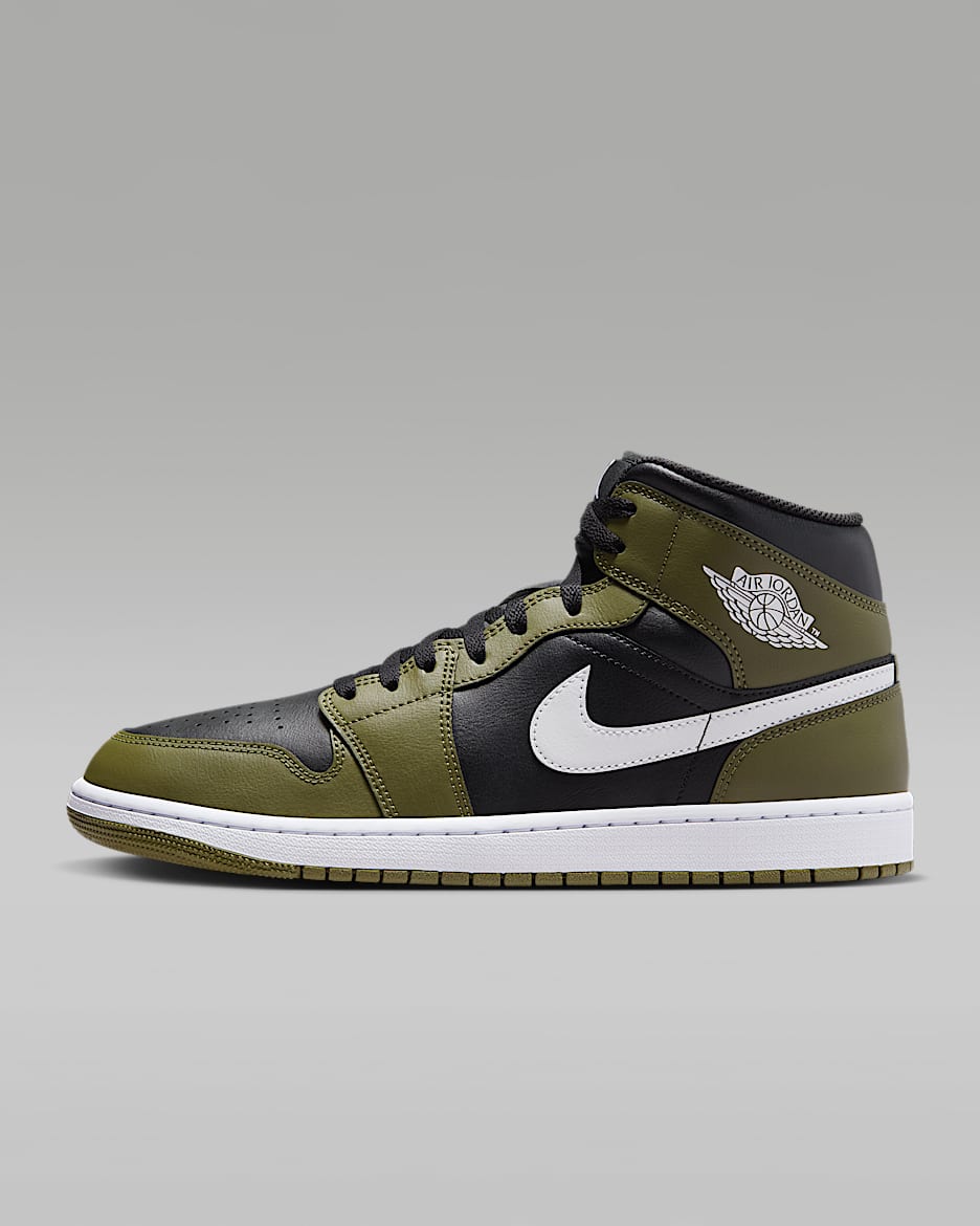 Air Jordan 1 Mid 男子百搭运动鞋 - 黑/中橄榄绿/帆白/白色