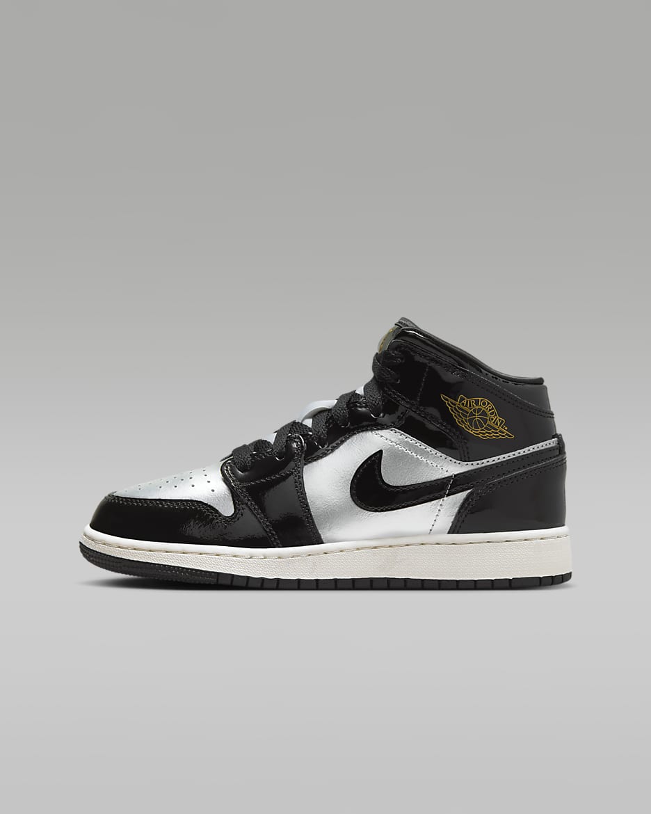 Air Jordan 1 Mid SE 金属未来感大童运动鞋 - 黑/金属银/帆白/金属色