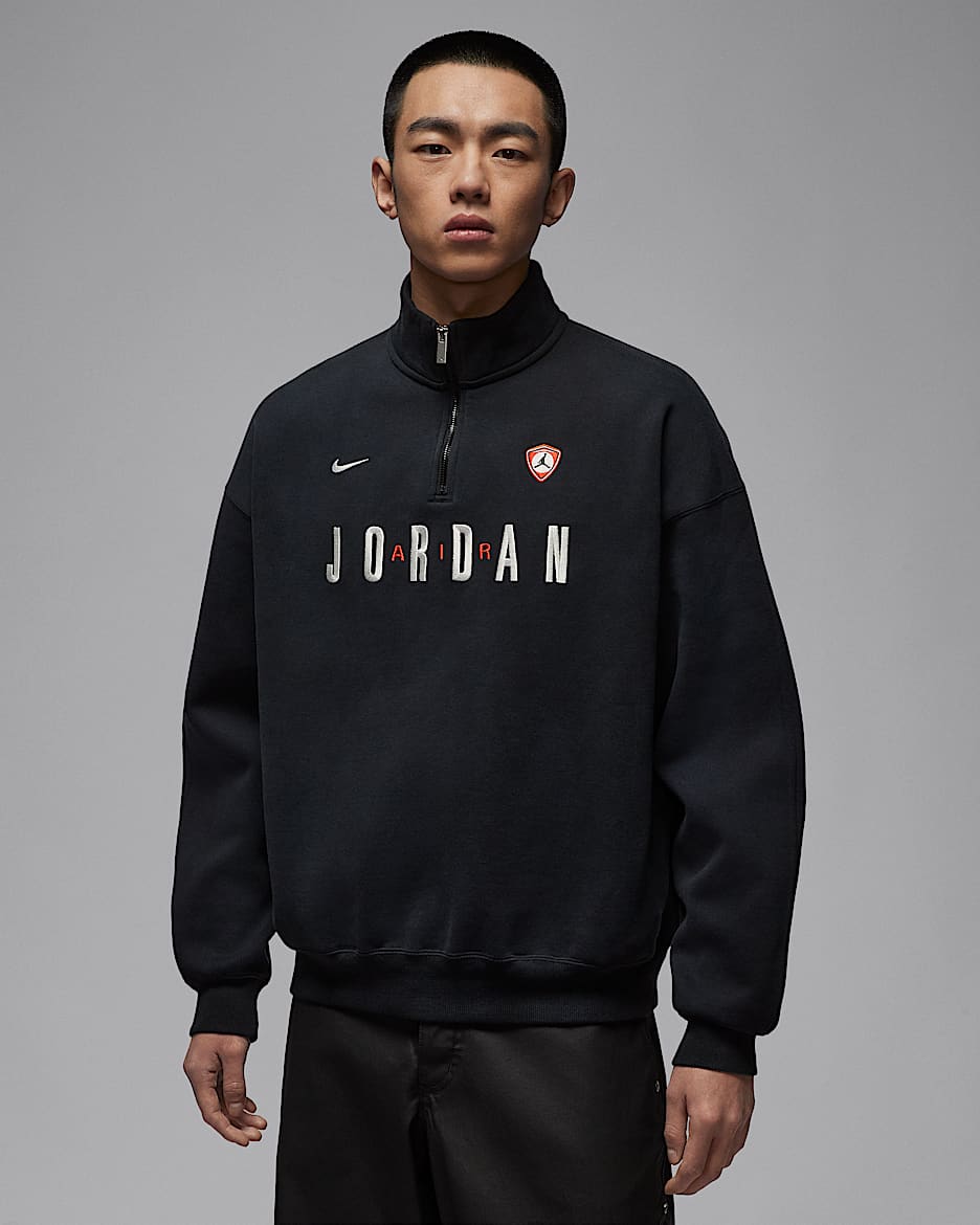 Jordan Flight 男子 1/4 拉链开襟图案加绒运动衫 - 黑/帆白
