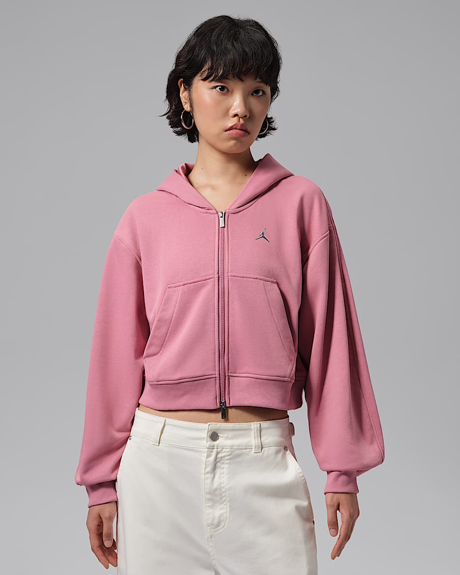 Jordan Brooklyn 女子短款全长拉链开襟连帽衫 - 淡莓红