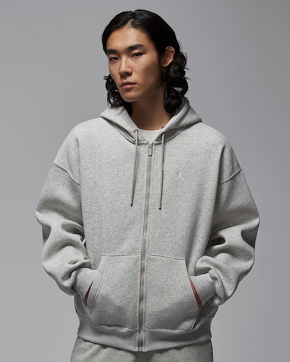 Jordan Brooklyn Fleece 男子 Oversize 风全长拉链开襟加绒连帽衫 - 麻灰/白色