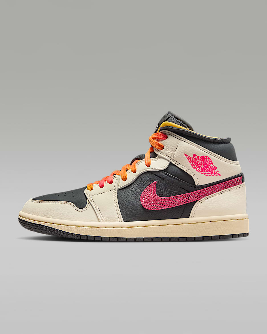 Air Jordan 1 Mid SE Edge 女子运动鞋 - 淡象牙白/黑/棉布白/赛车粉