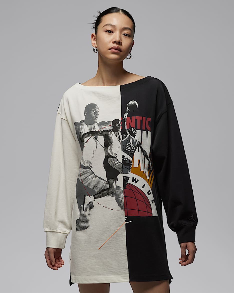 Jordan Flight 女子印花长袖连衣裙 - 帆白/黑