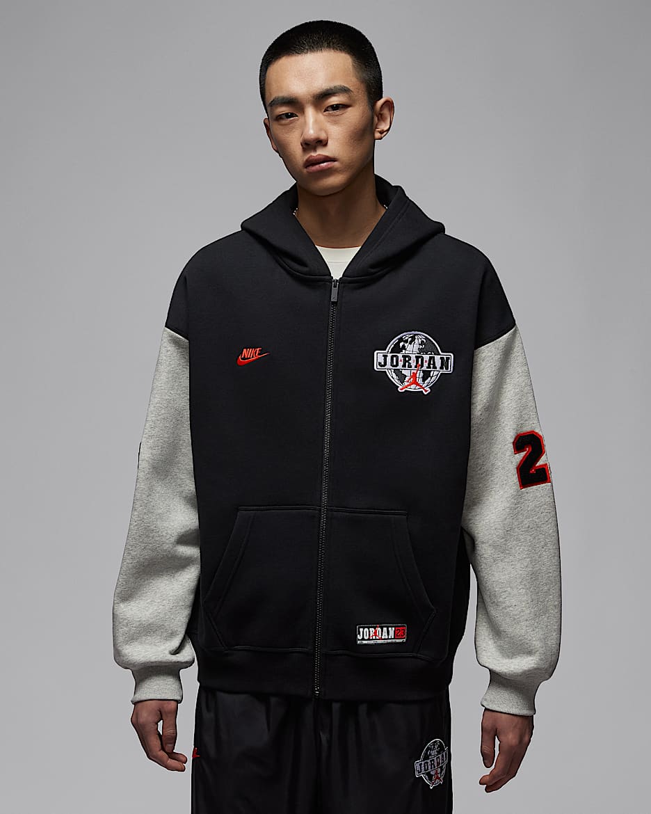 Jordan Brooklyn 男子 Oversize 风全长拉链开襟加绒连帽衫 - 黑/麻灰/椒红