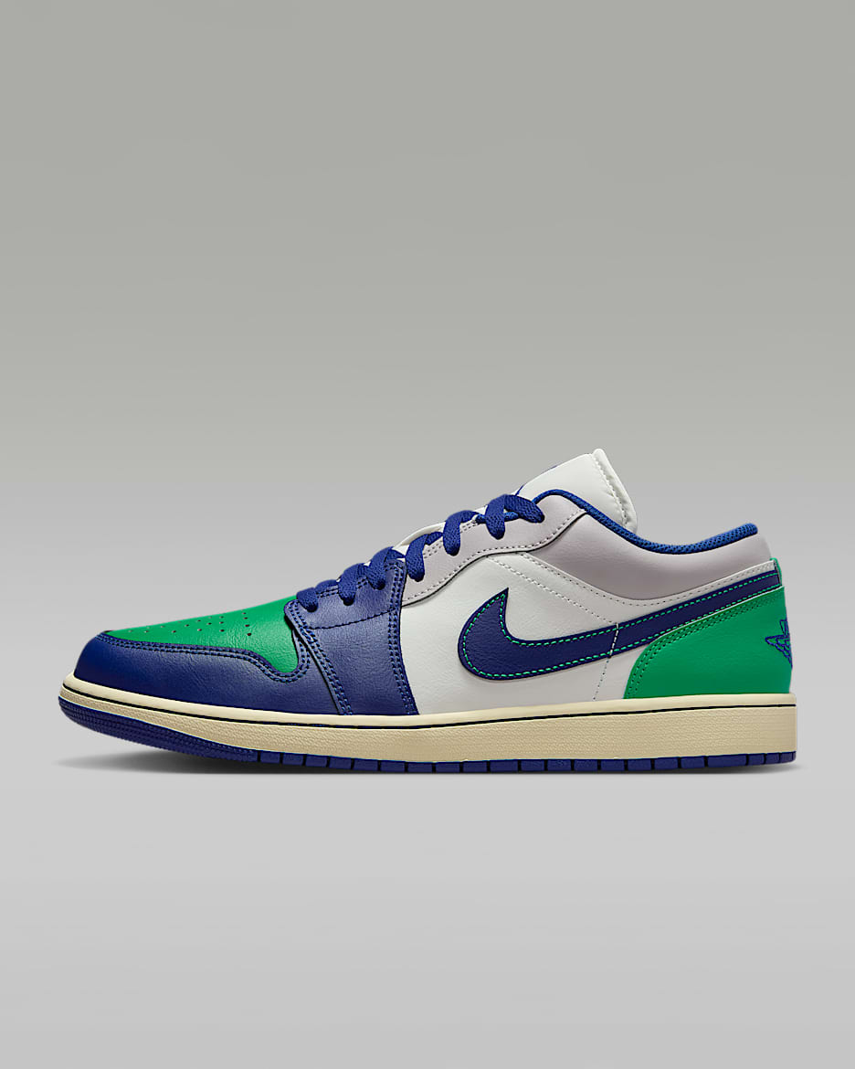 Air Jordan 1 Low 男子经典复古运动鞋 - 帆白/体育场绿/浅灰/深宝蓝