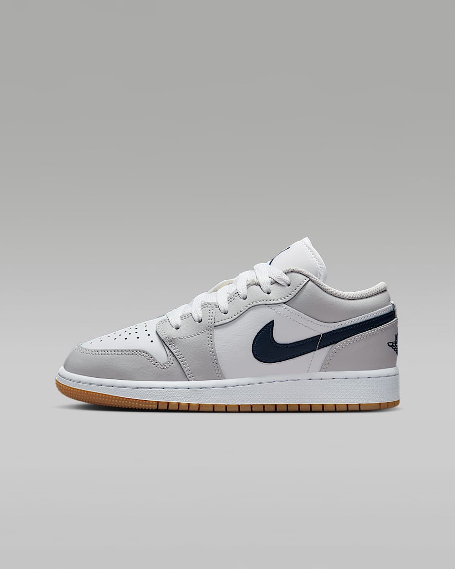 Air Jordan 1 Low 大童运动鞋 - 白色/浅灰/橡皮中褐/深藏青