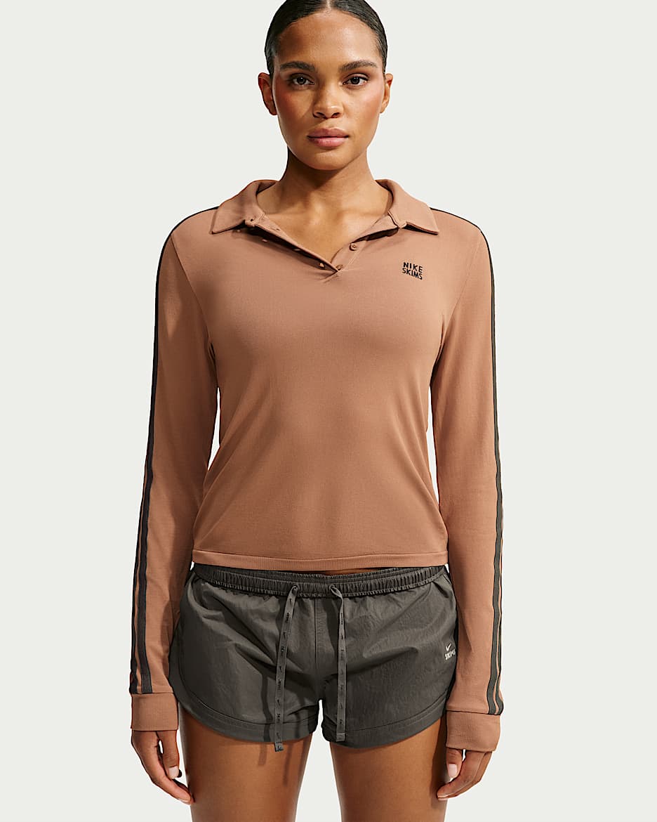 NikeSKIMS Stretch Knit 2.0 女子速干长袖翻领上衣 - NSKM Carob Brown/NSKM Boulder