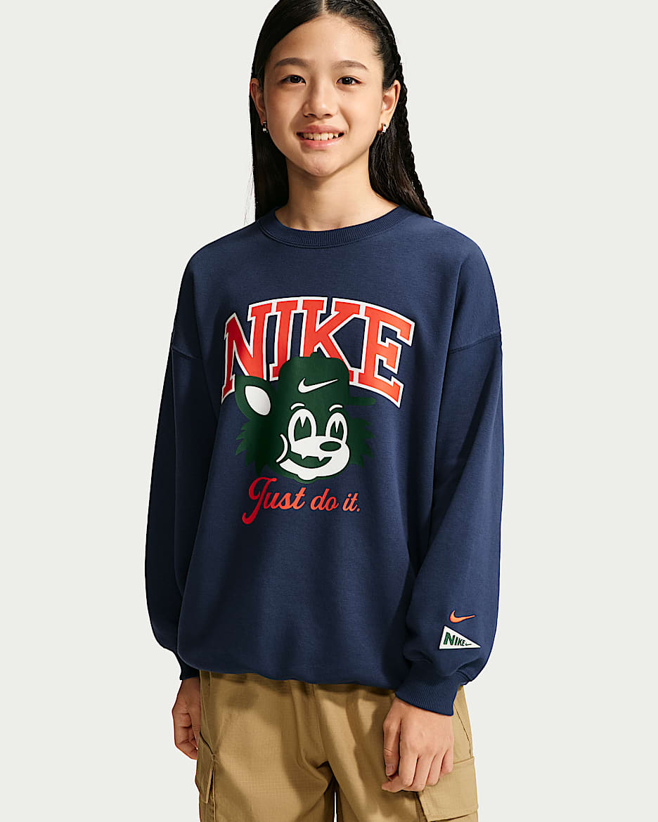 Nike Sportswear 大童(女孩)Oversize 风加绒圆领运动衫 - 深藏青