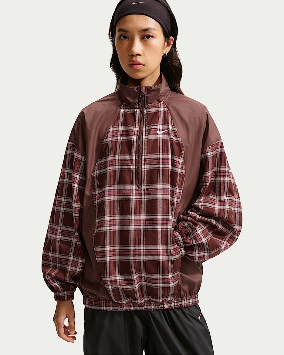 Nike Sportswear 女子 Oversize 风格纹法兰绒拼接上衣 - 神秘枣红/白色