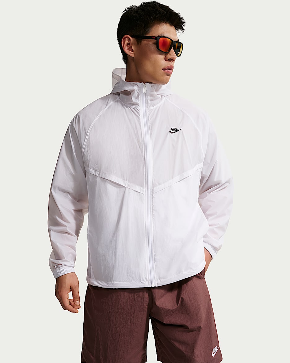 Nike Windrunner 男子无衬里全长拉链开襟夹克防晒衣皮肤衣 - 白色/黑