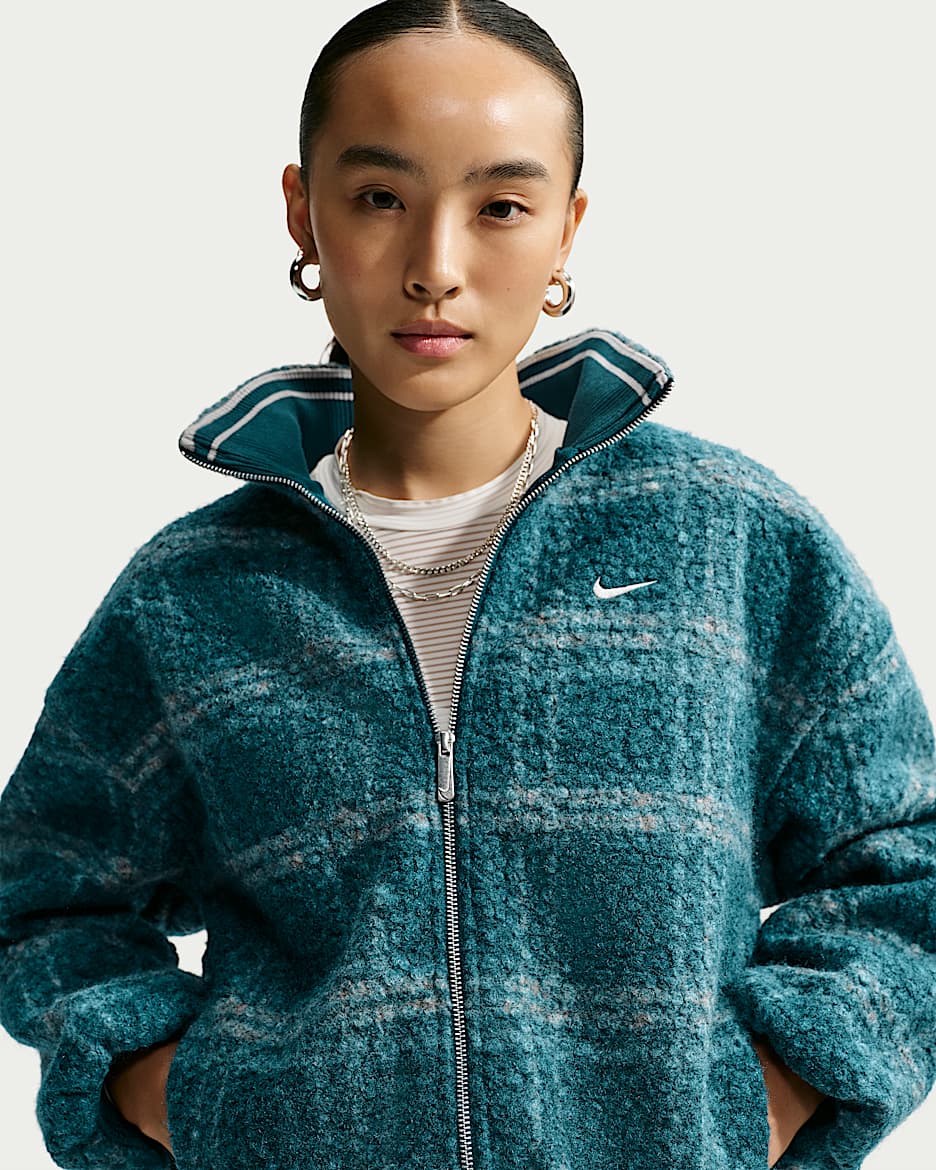 Nike Sportswear 女子 Oversize 风仿羊羔绒格纹夹克 - 暗宝蓝/奶白 II