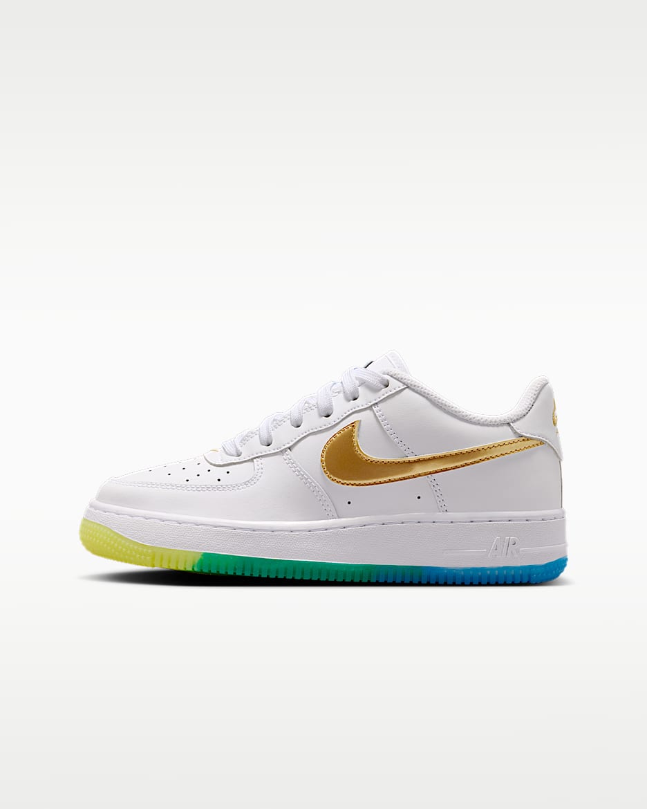 Nike Air Force 1 大童空军一号运动鞋 - 白色/飞翔蓝/音速黄/金属色