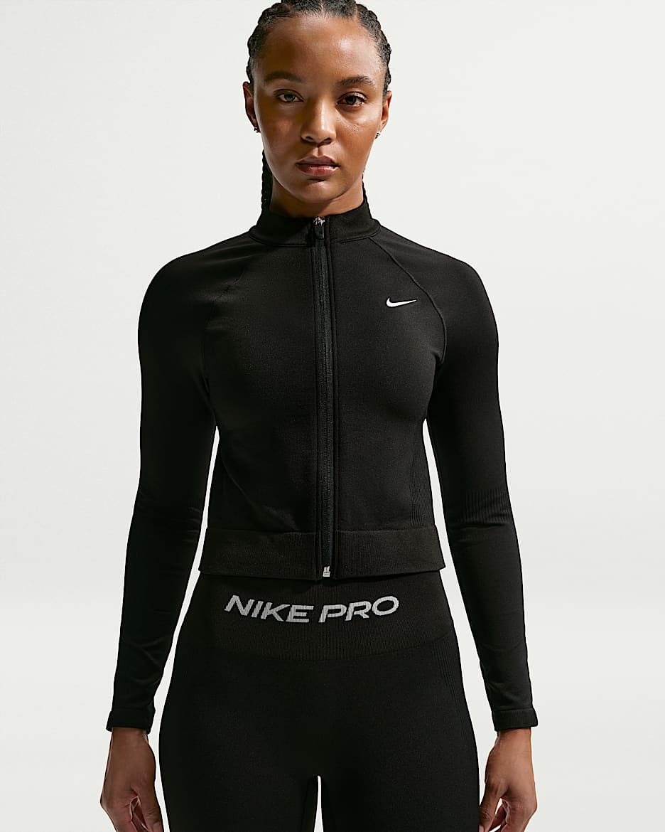 Nike Pro Dri-FIT 女子速干紧身全长拉链开襟上衣 - 黑/白色