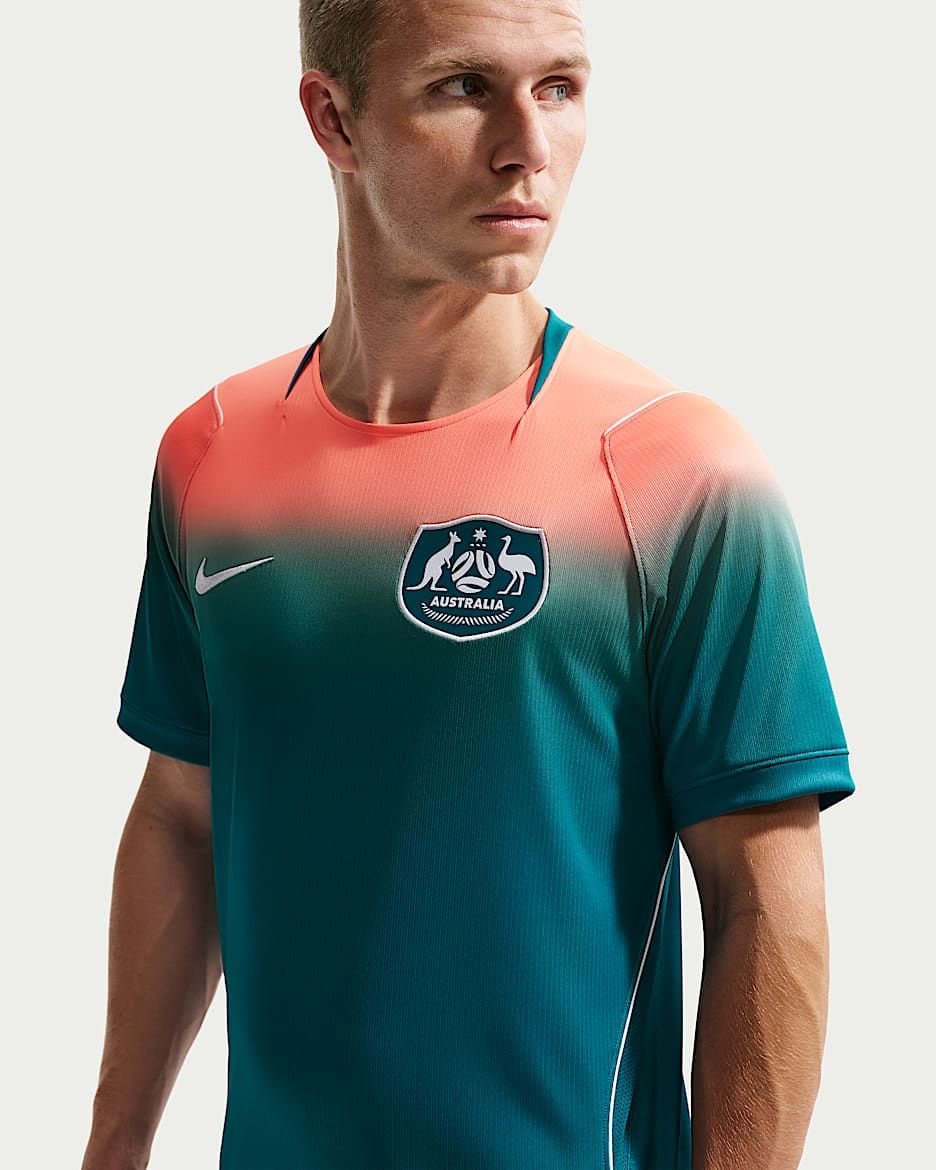 2026 赛季澳大利亚队客场球迷版 Nike Dri-FIT 男子速干短袖足球球衣 - 亮杉木绿/脉冲橙/白色/白色