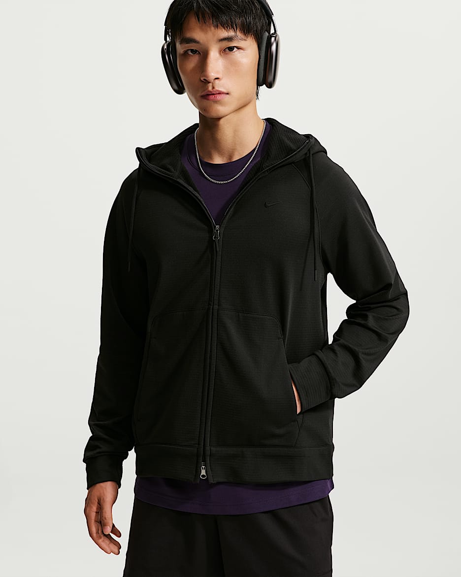 Nike Primary NanoKnit Therma-FIT 男子加绒全长拉链开襟连帽衫 - 黑/黑