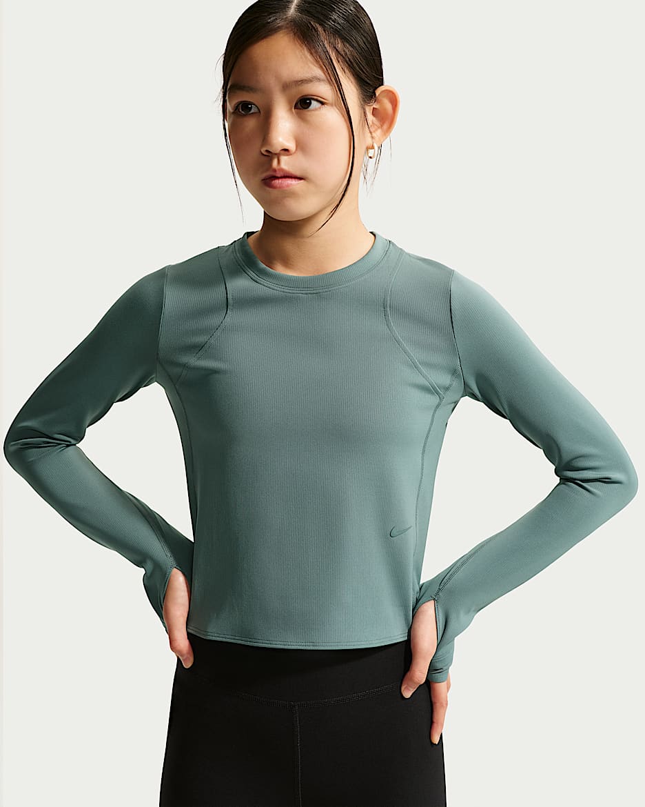 Nike MAVN Dri-FIT 耐克好动心系列大童（女孩）速干罗纹长袖上衣 - 矿物岩板蓝/矿物岩板蓝/矿物岩板蓝