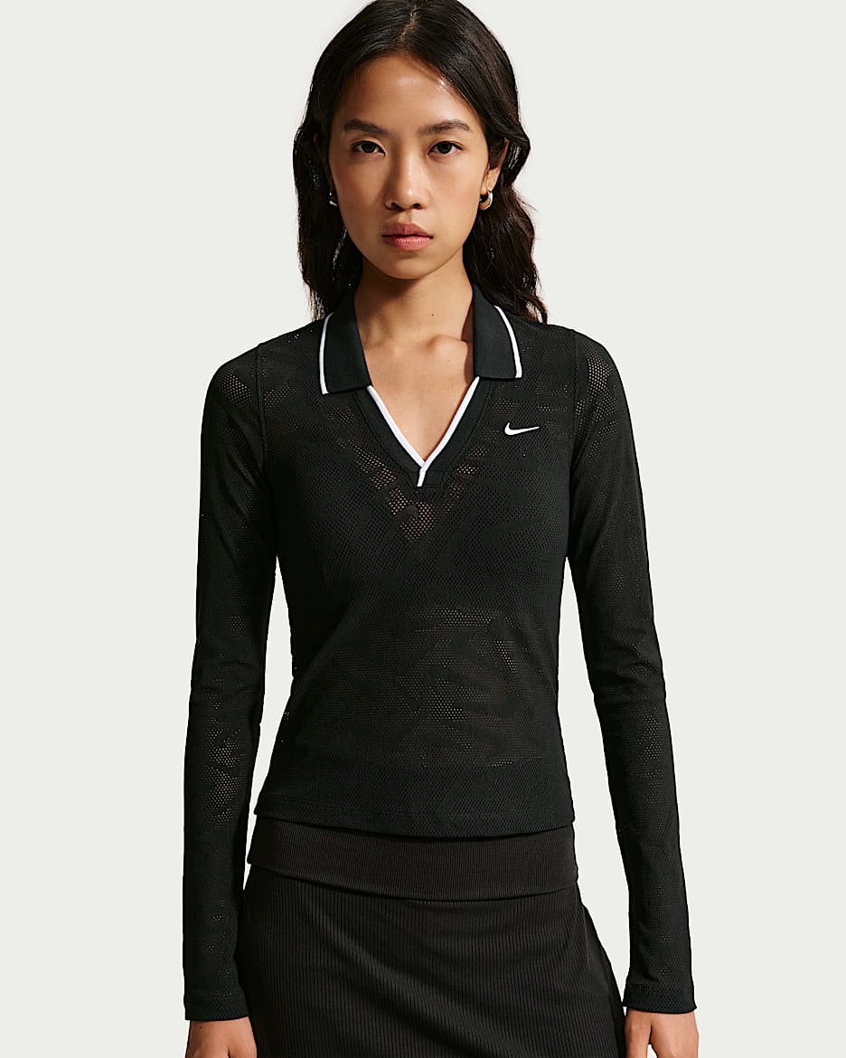 Nike Sportswear Chill Knit 女子紧身中短款长袖蕾丝上衣 - 黑/黑/白色/白色
